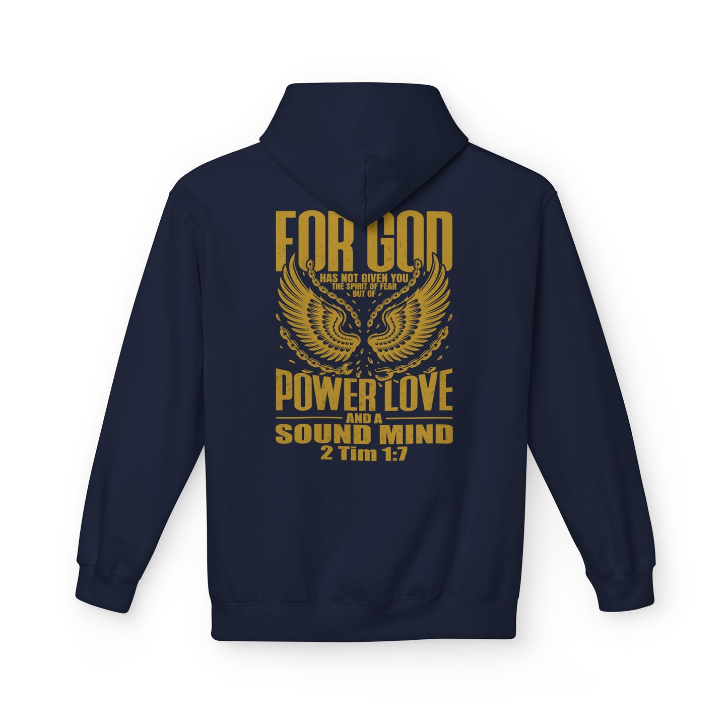 “Fearless & Free” Christian Hoodie – Gold Print | 2 Timothy 1:7 Scripture | Faith Over Fear