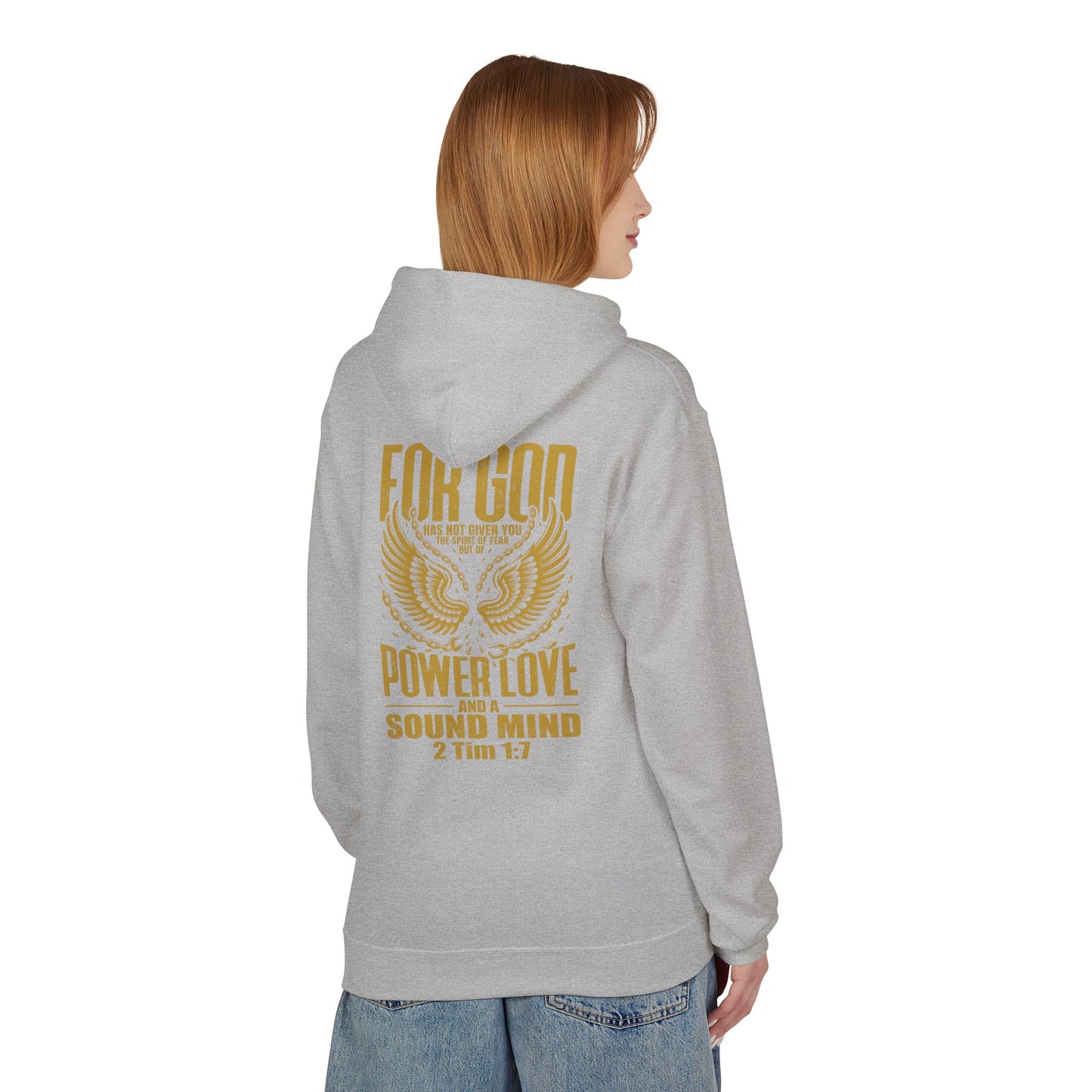 “Fearless & Free” Christian Hoodie – Gold Print | 2 Timothy 1:7 Scripture | Faith Over Fear