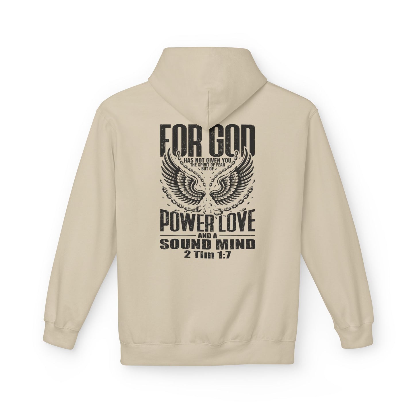 “Fearless & Free” Christian Hoodie – Black Print | 2 Timothy 1:7 | Bold Faithwear for Men & Women