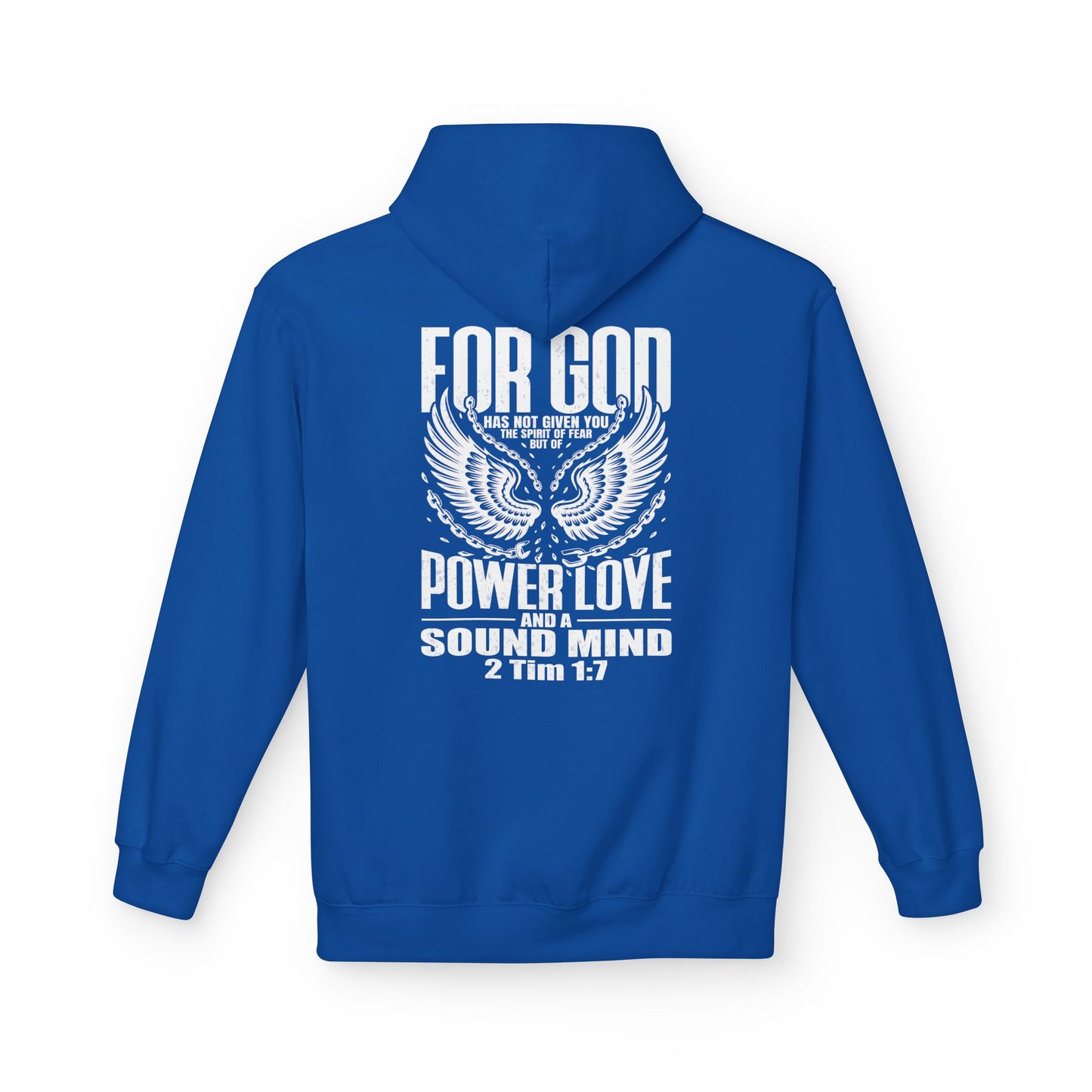 “Fearless & Free” Christian Hoodie – White Print | 2 Timothy 1:7 | Power • Love • Sound Mind