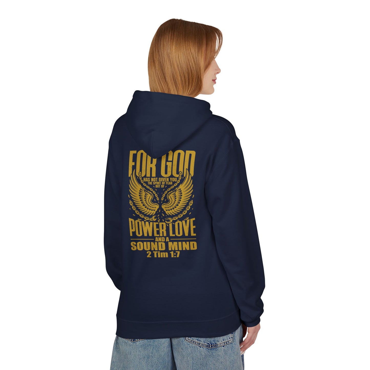 “Fearless & Free” Christian Hoodie – Gold Print | 2 Timothy 1:7 Scripture | Faith Over Fear