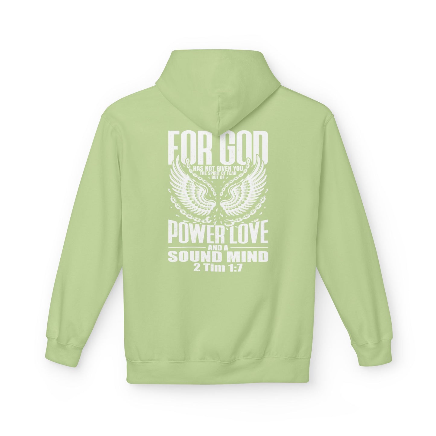 “Fearless & Free” Christian Hoodie – White Print | 2 Timothy 1:7 | Power • Love • Sound Mind