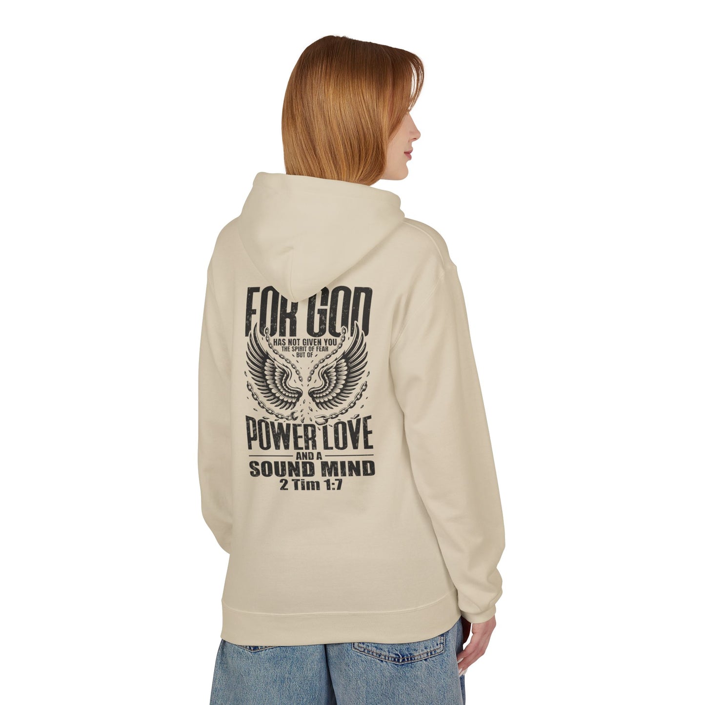 “Fearless & Free” Christian Hoodie – Black Print | 2 Timothy 1:7 | Bold Faithwear for Men & Women