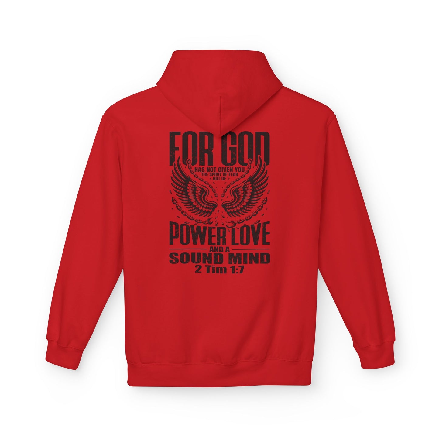“Fearless & Free” Christian Hoodie – Black Print | 2 Timothy 1:7 | Bold Faithwear for Men & Women