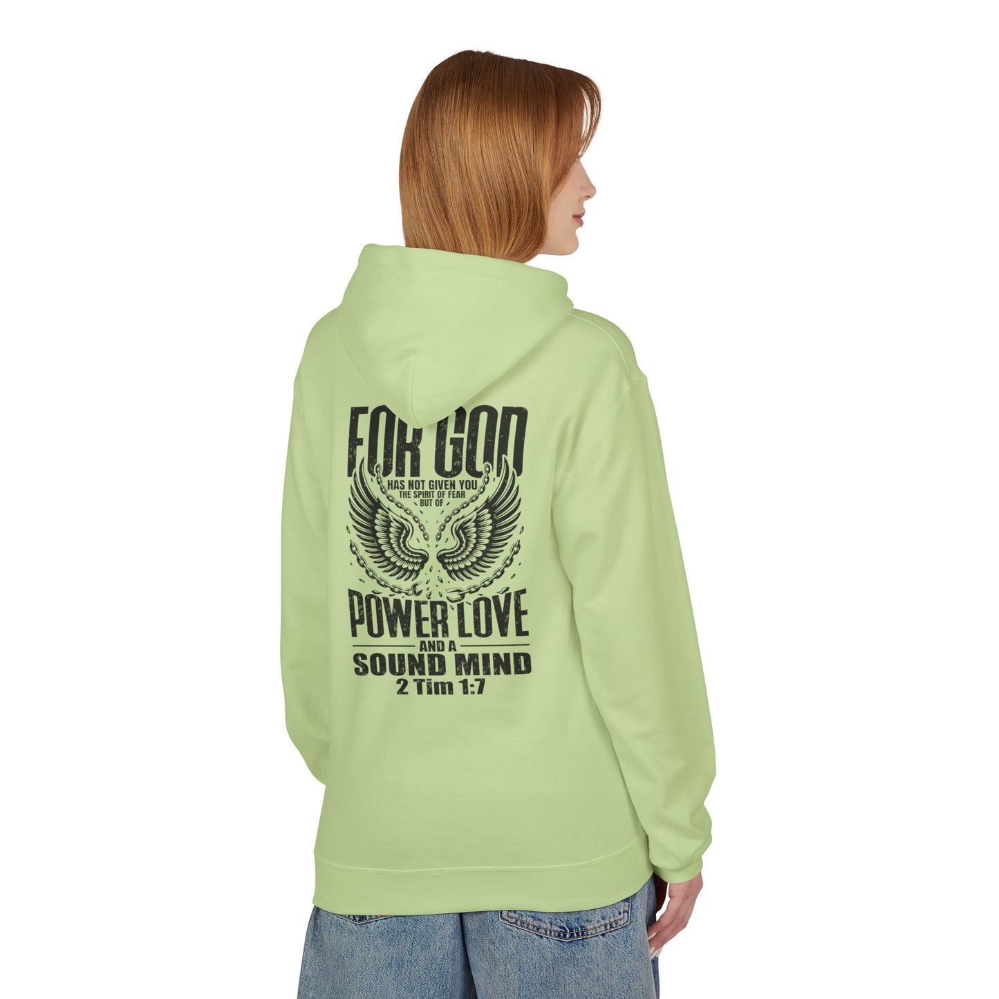 “Fearless & Free” Christian Hoodie – Black Print | 2 Timothy 1:7 | Bold Faithwear for Men & Women