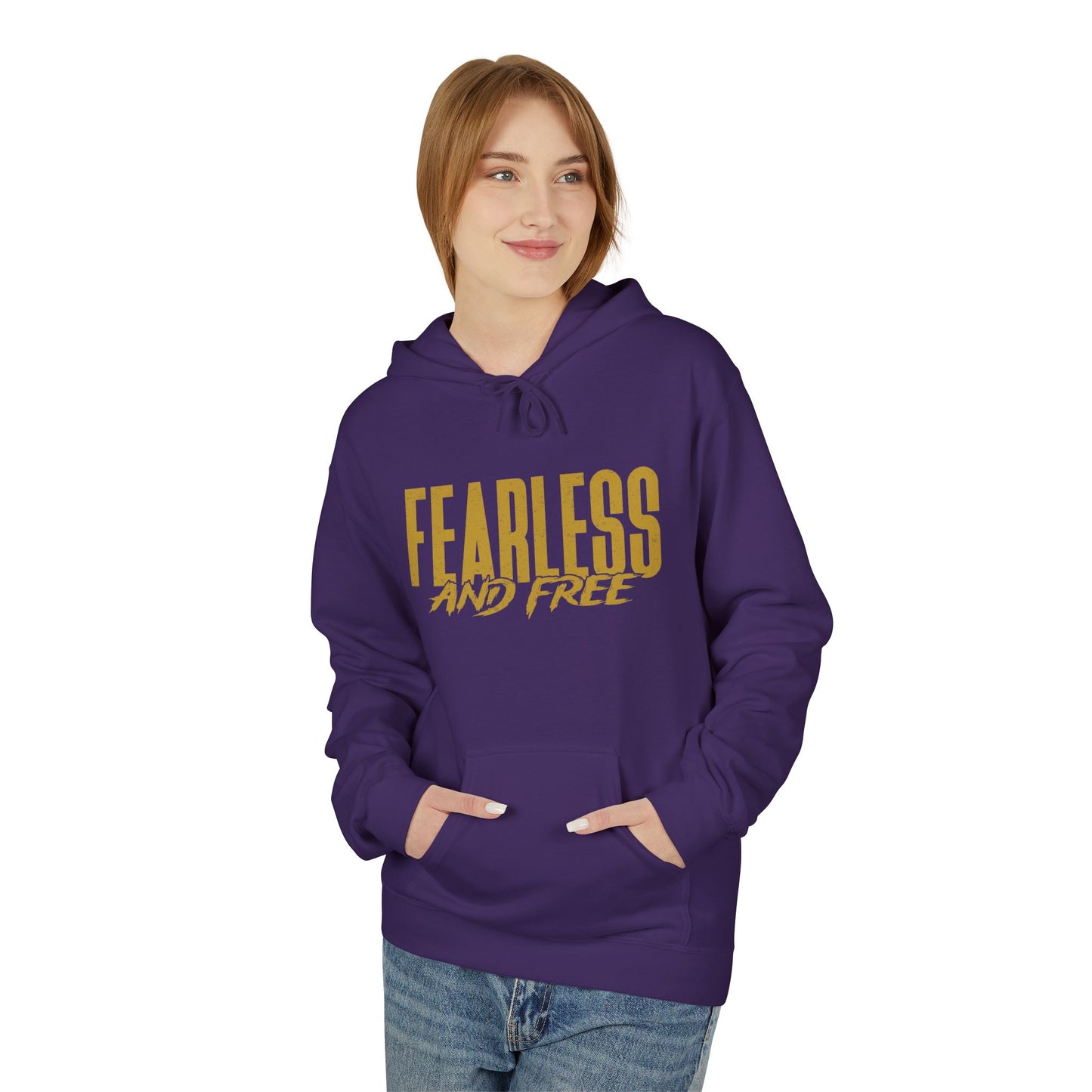 “Fearless & Free” Christian Hoodie – Gold Print | 2 Timothy 1:7 Scripture | Faith Over Fear