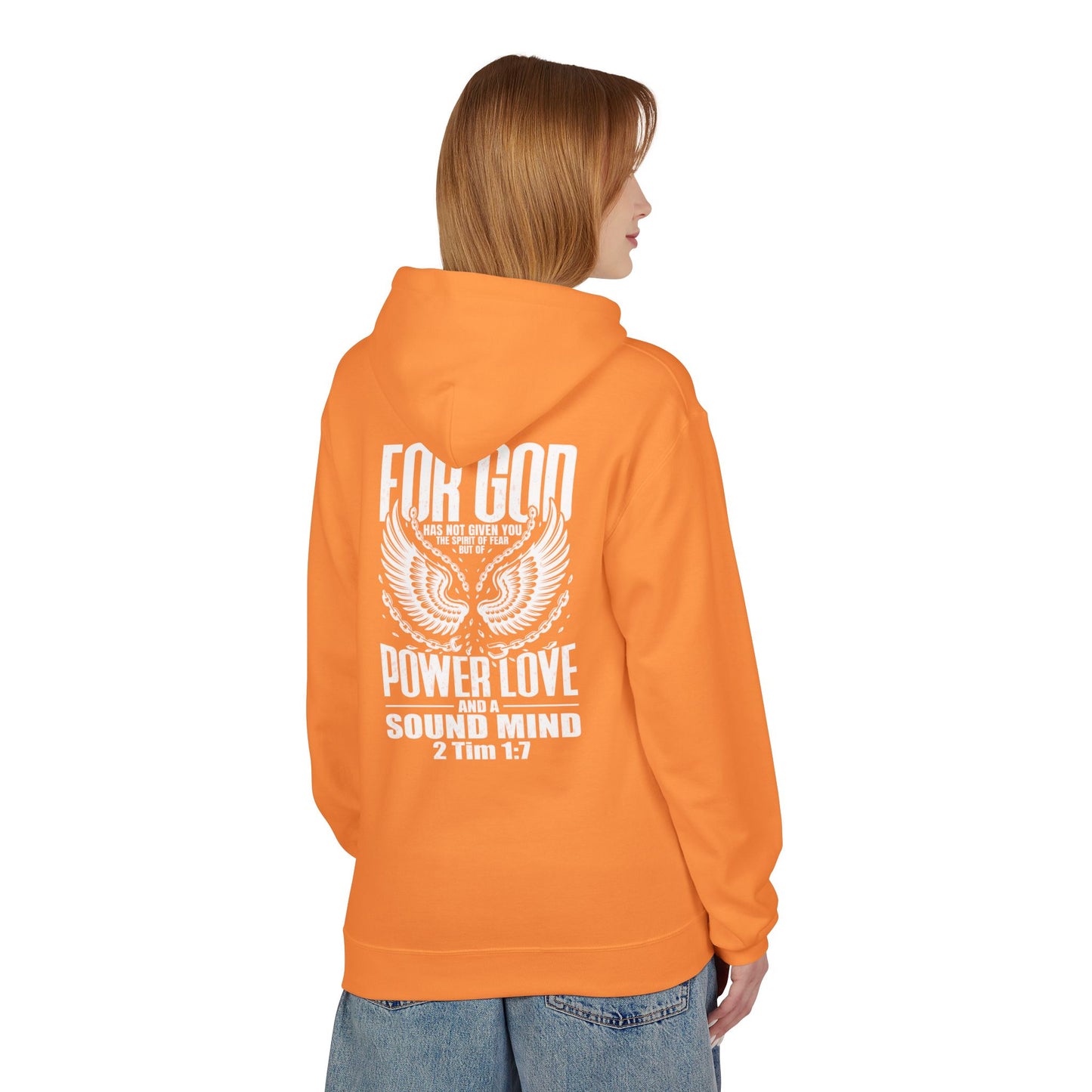 “Fearless & Free” Christian Hoodie – White Print | 2 Timothy 1:7 | Power • Love • Sound Mind