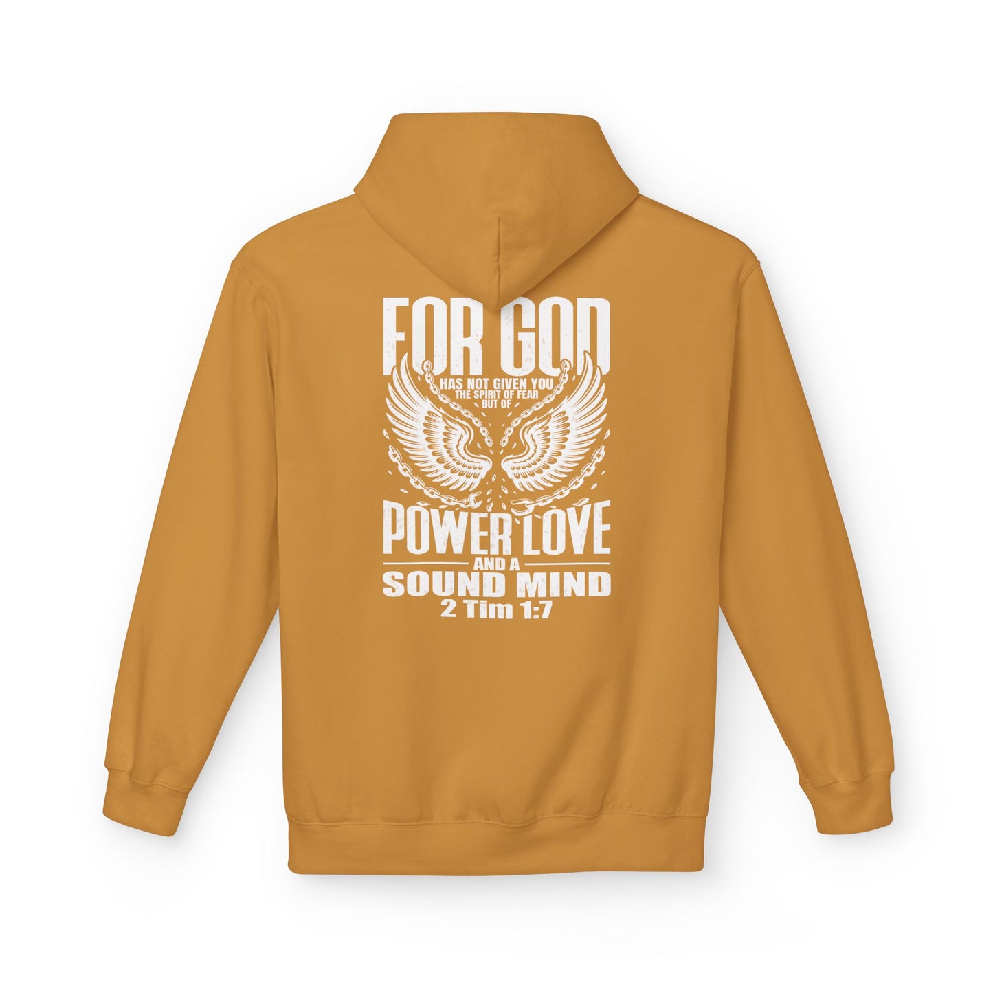 “Fearless & Free” Christian Hoodie – White Print | 2 Timothy 1:7 | Power • Love • Sound Mind