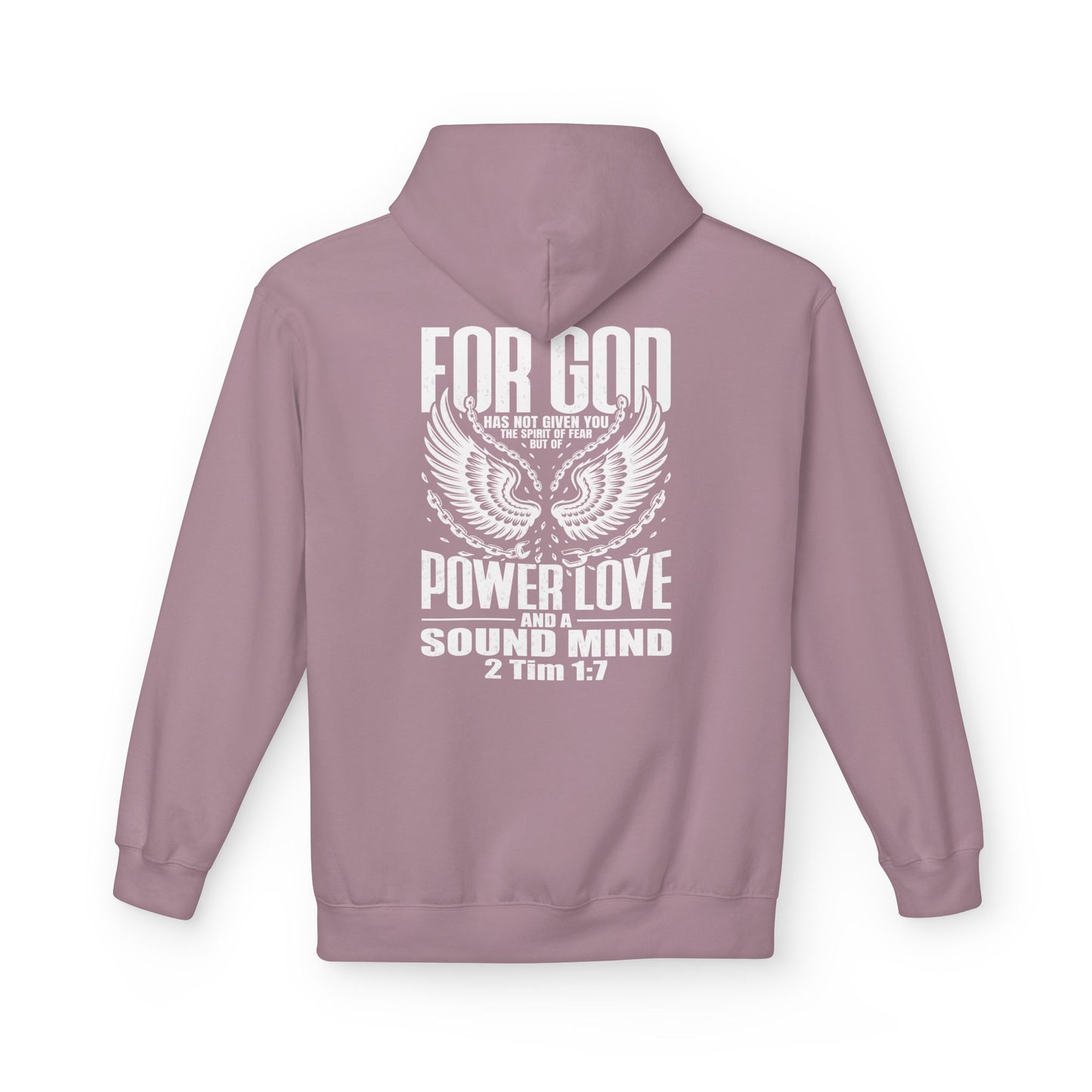 “Fearless & Free” Christian Hoodie – White Print | 2 Timothy 1:7 | Power • Love • Sound Mind