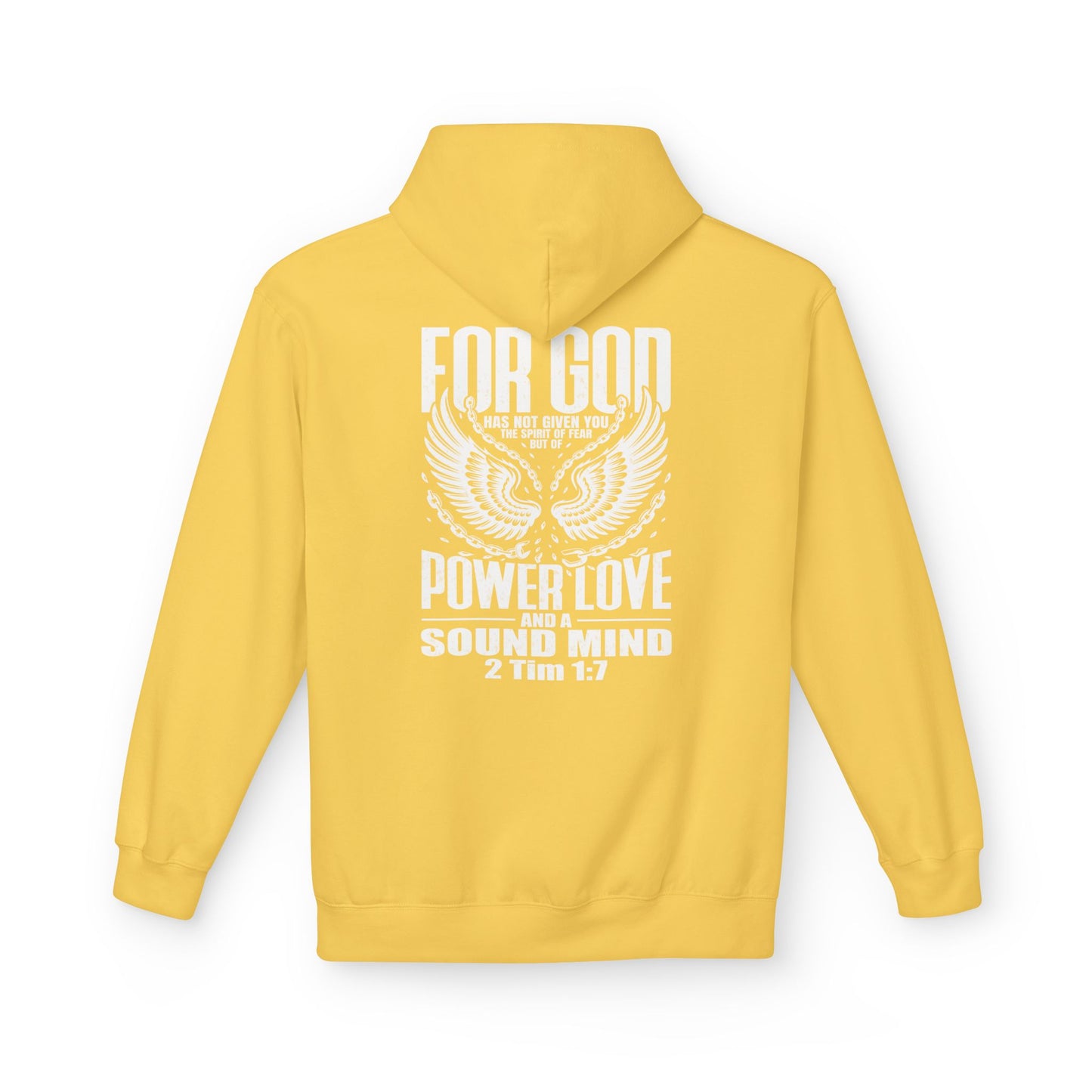 “Fearless & Free” Christian Hoodie – White Print | 2 Timothy 1:7 | Power • Love • Sound Mind
