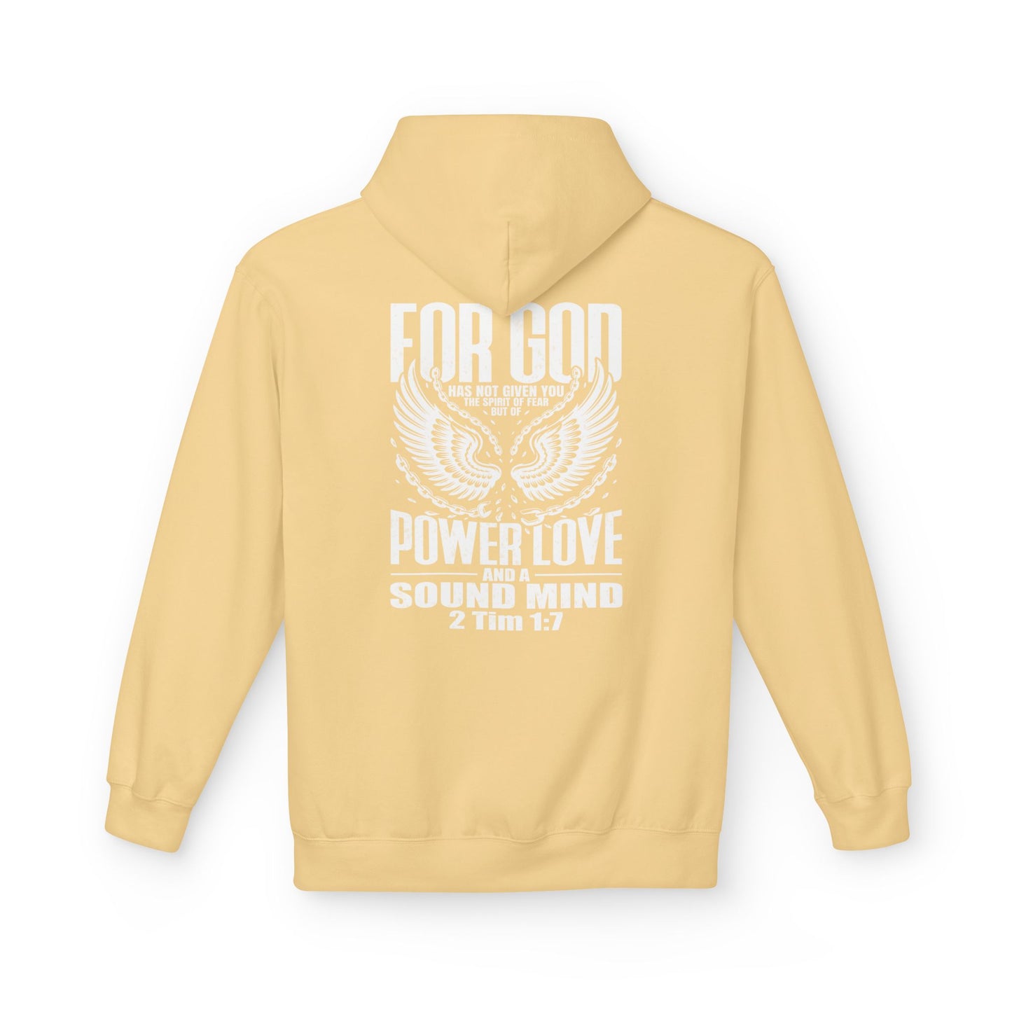 “Fearless & Free” Christian Hoodie – White Print | 2 Timothy 1:7 | Power • Love • Sound Mind