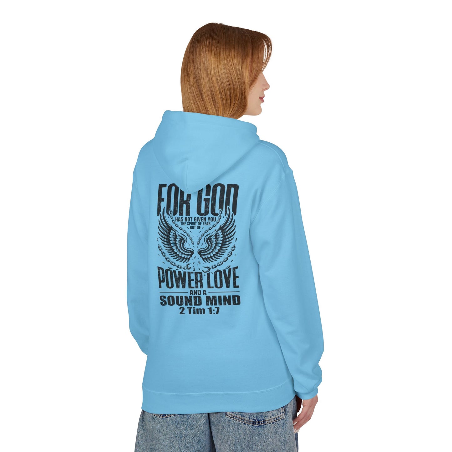 “Fearless & Free” Christian Hoodie – Black Print | 2 Timothy 1:7 | Bold Faithwear for Men & Women