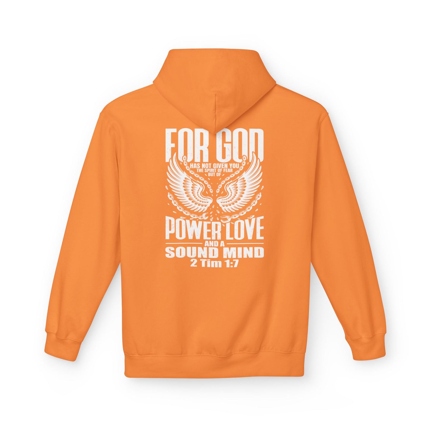 “Fearless & Free” Christian Hoodie – White Print | 2 Timothy 1:7 | Power • Love • Sound Mind