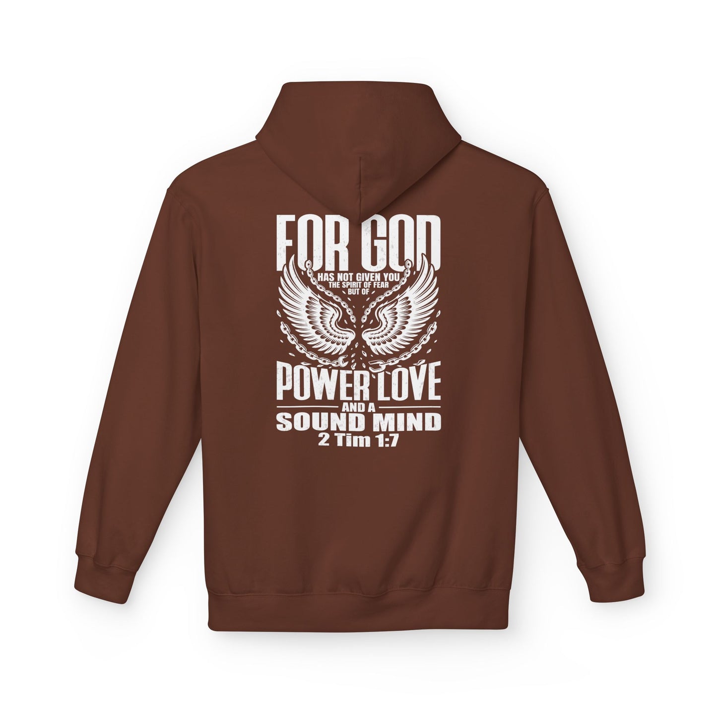 “Fearless & Free” Christian Hoodie – White Print | 2 Timothy 1:7 | Power • Love • Sound Mind