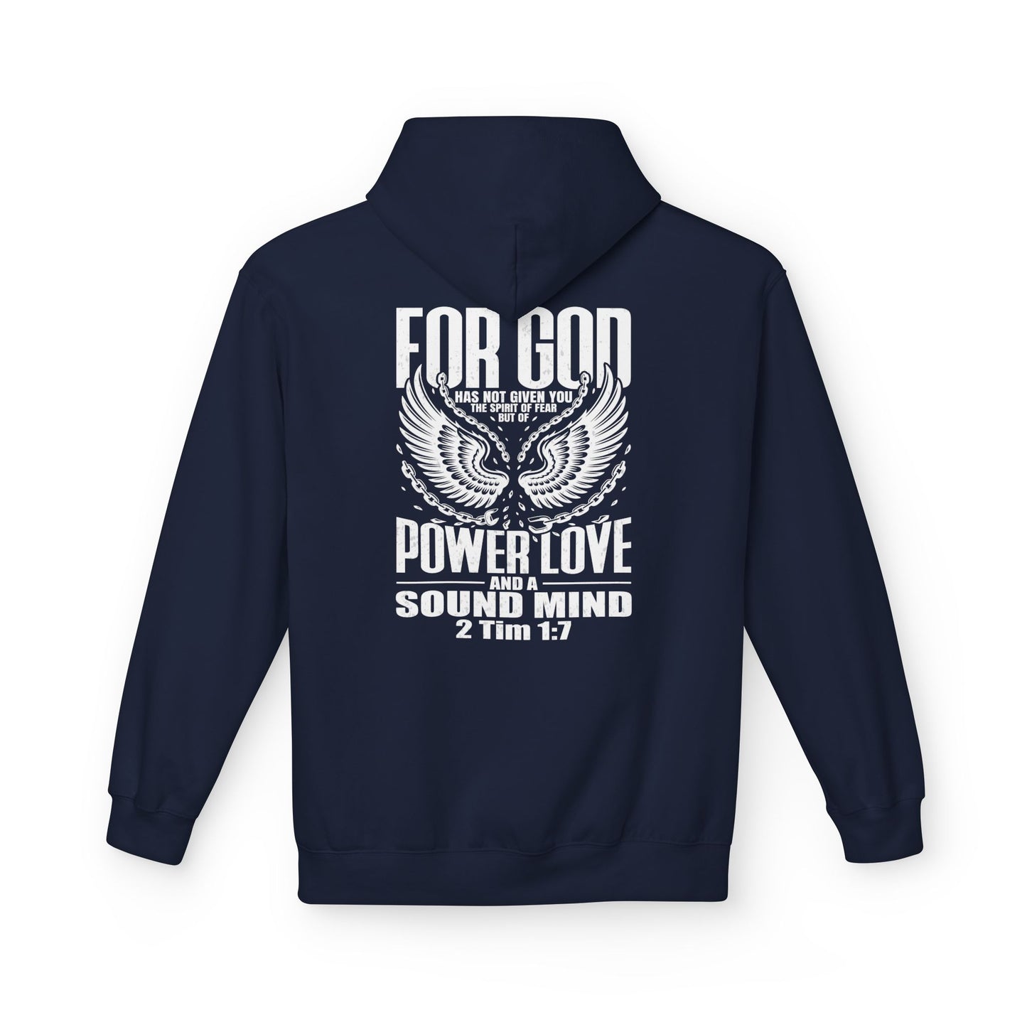 “Fearless & Free” Christian Hoodie – White Print | 2 Timothy 1:7 | Power • Love • Sound Mind