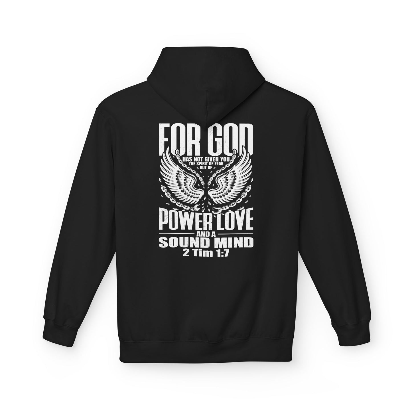 “Fearless & Free” Christian Hoodie – White Print | 2 Timothy 1:7 | Power • Love • Sound Mind