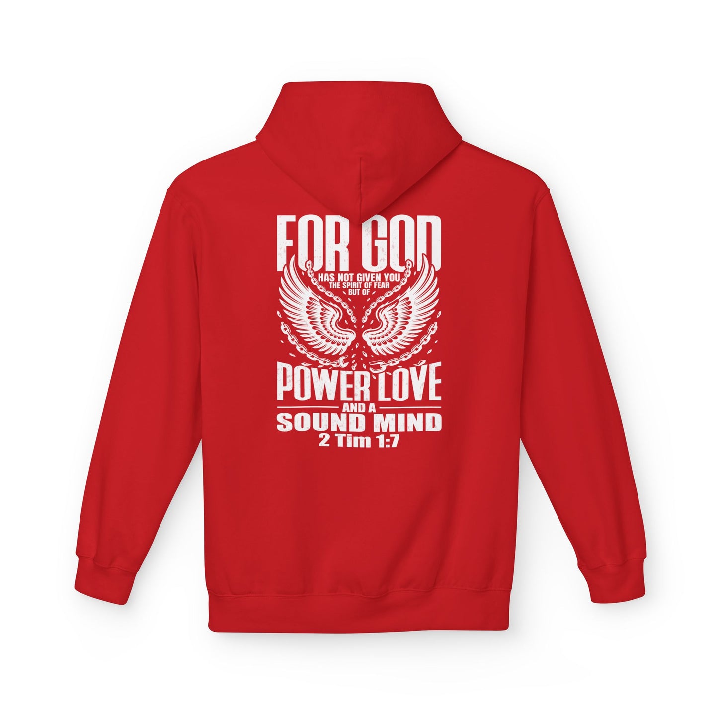 “Fearless & Free” Christian Hoodie – White Print | 2 Timothy 1:7 | Power • Love • Sound Mind
