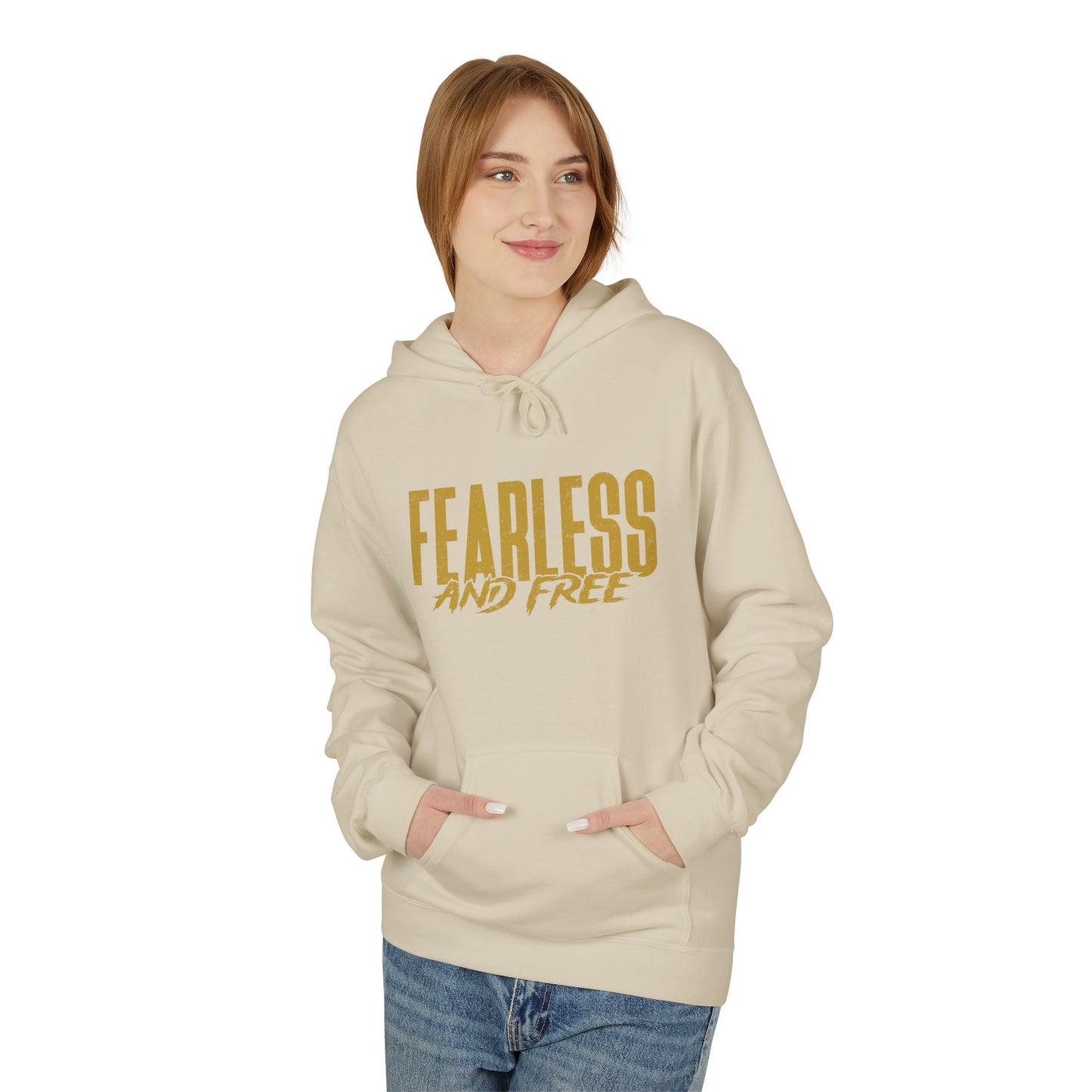 “Fearless & Free” Christian Hoodie – Gold Print | 2 Timothy 1:7 Scripture | Faith Over Fear