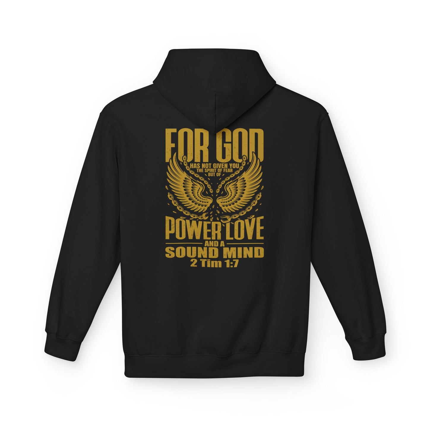 “Fearless & Free” Christian Hoodie – Gold Print | 2 Timothy 1:7 Scripture | Faith Over Fear