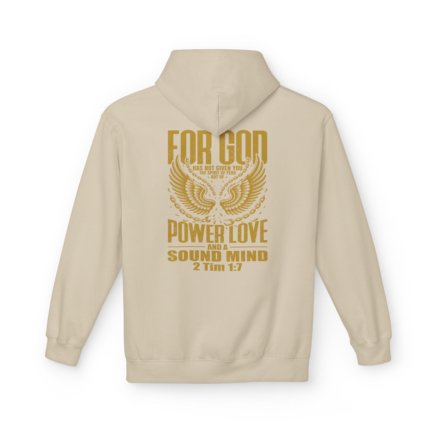 “Fearless & Free” Christian Hoodie – Gold Print | 2 Timothy 1:7 Scripture | Faith Over Fear