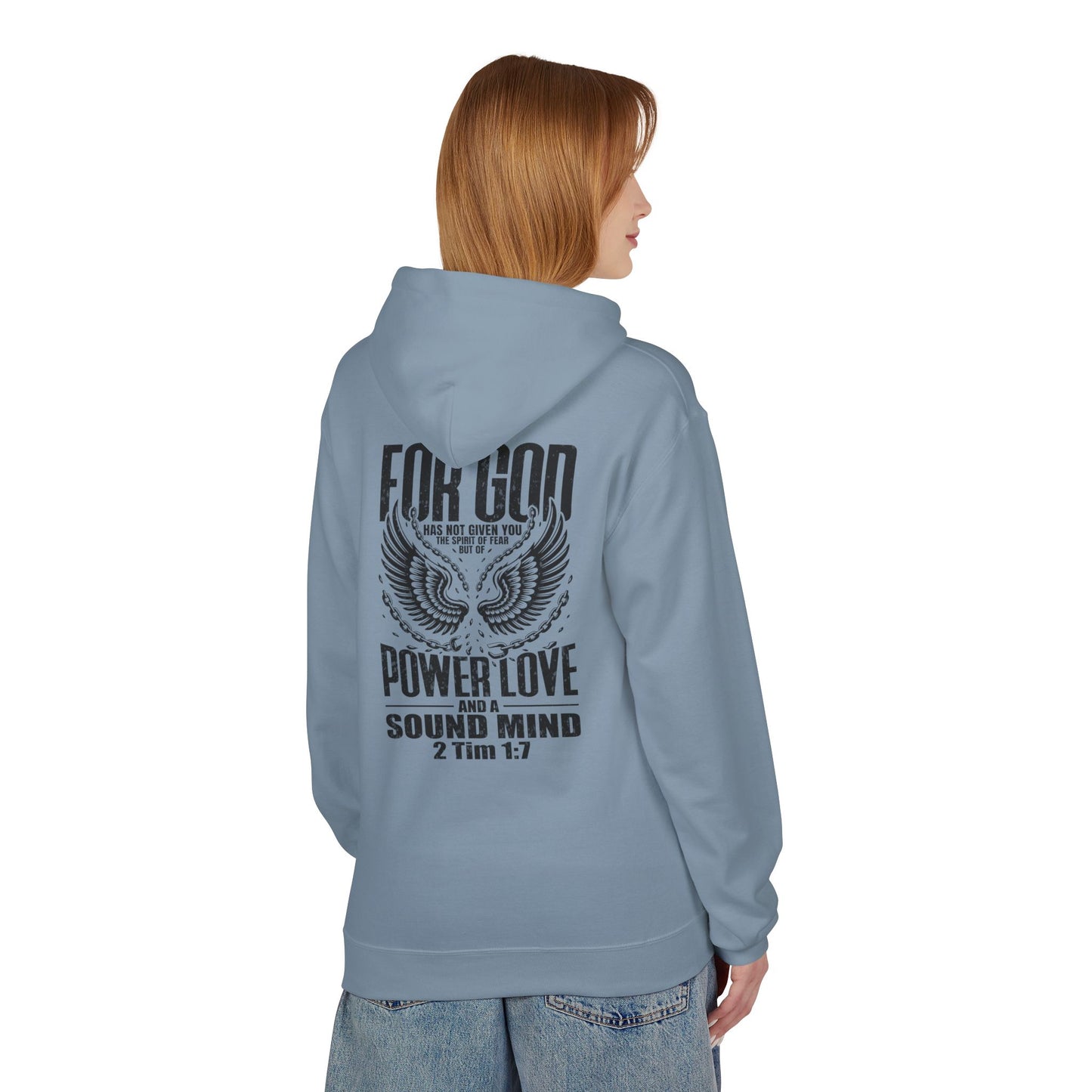 “Fearless & Free” Christian Hoodie – Black Print | 2 Timothy 1:7 | Bold Faithwear for Men & Women