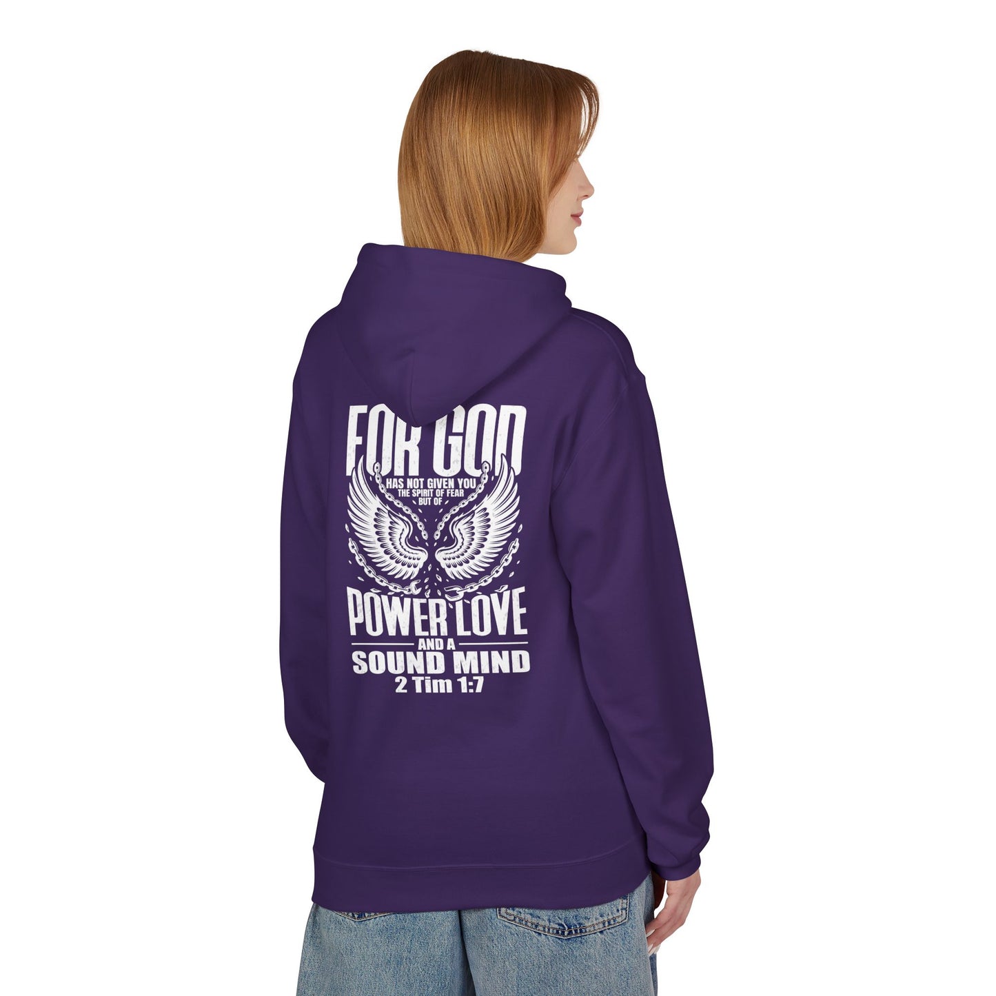“Fearless & Free” Christian Hoodie – White Print | 2 Timothy 1:7 | Power • Love • Sound Mind