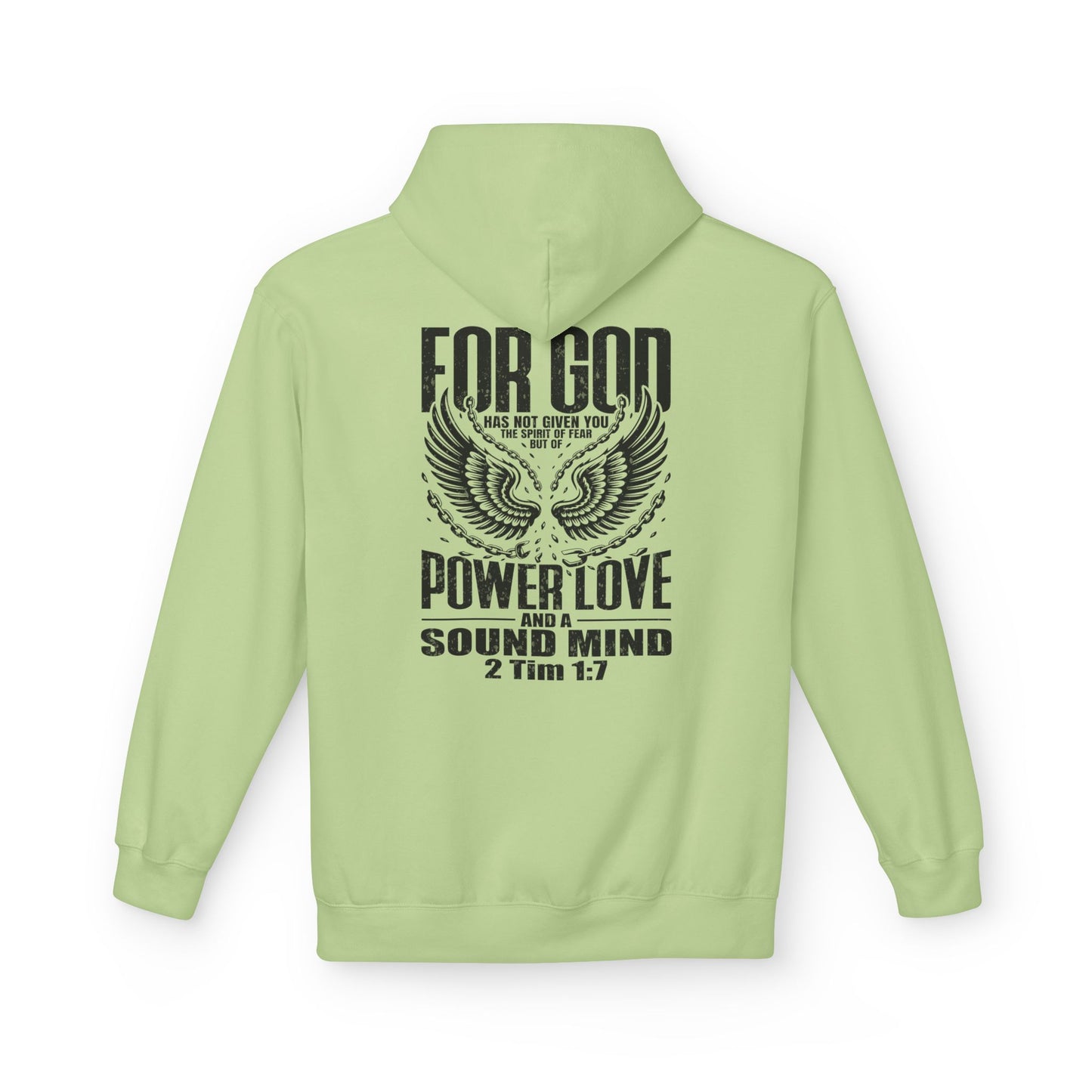 “Fearless & Free” Christian Hoodie – Black Print | 2 Timothy 1:7 | Bold Faithwear for Men & Women