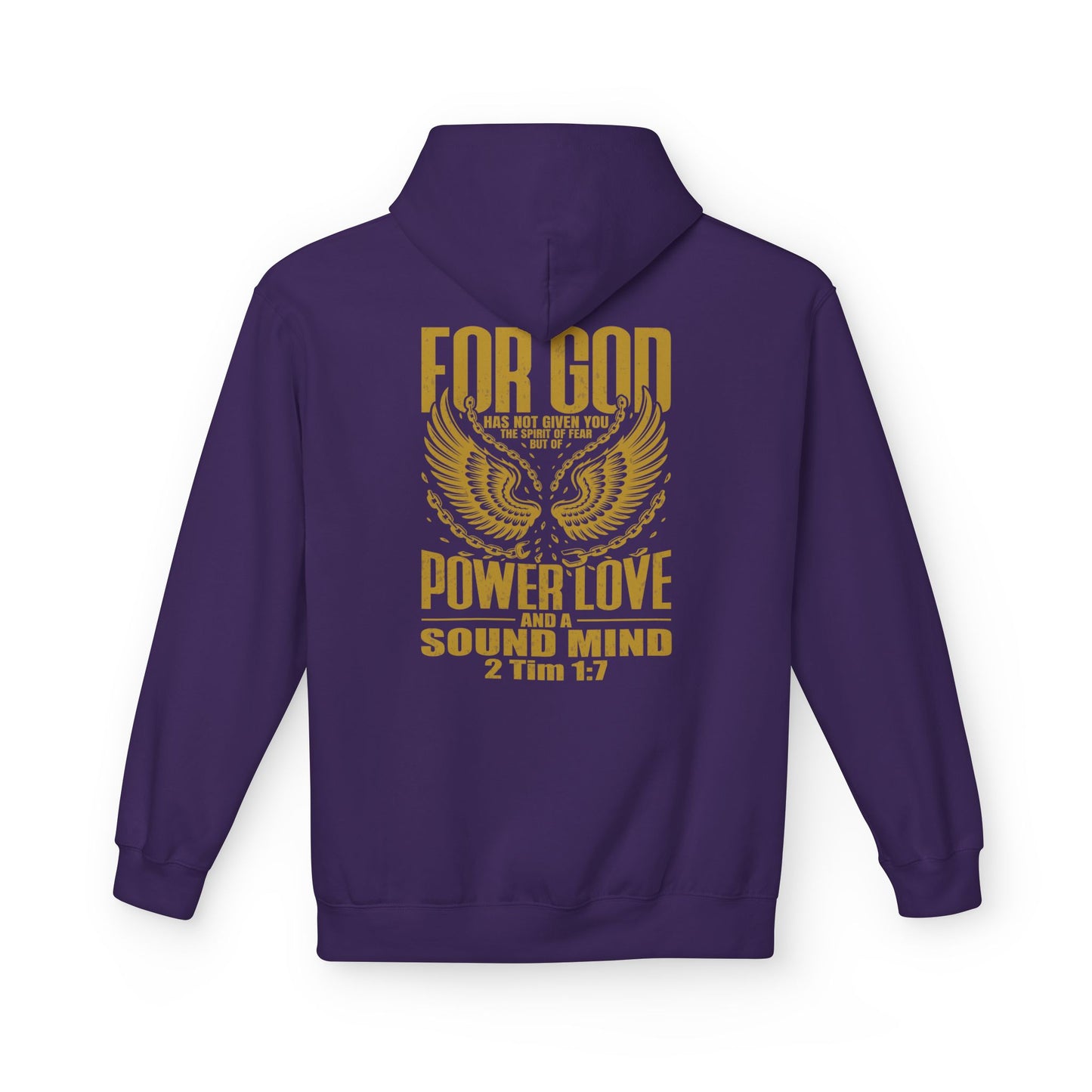 “Fearless & Free” Christian Hoodie – Gold Print | 2 Timothy 1:7 Scripture | Faith Over Fear