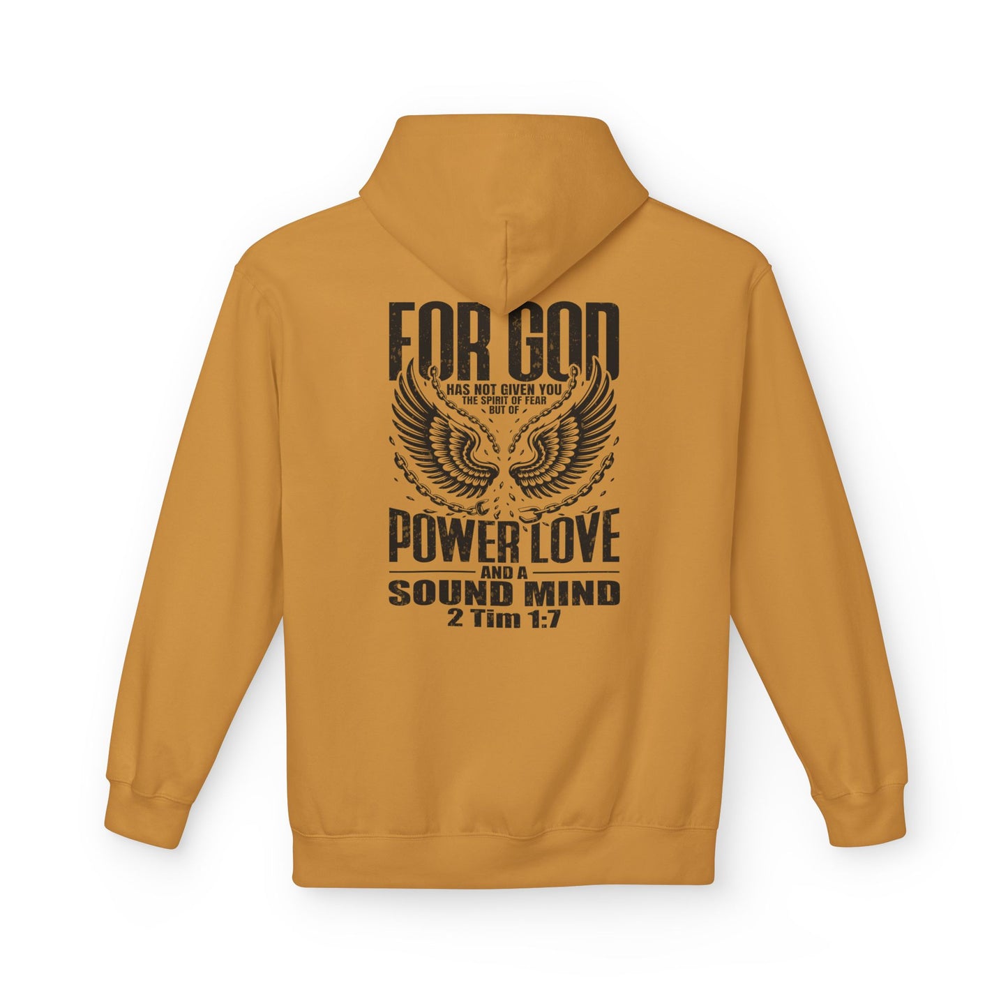 “Fearless & Free” Christian Hoodie – Black Print | 2 Timothy 1:7 | Bold Faithwear for Men & Women