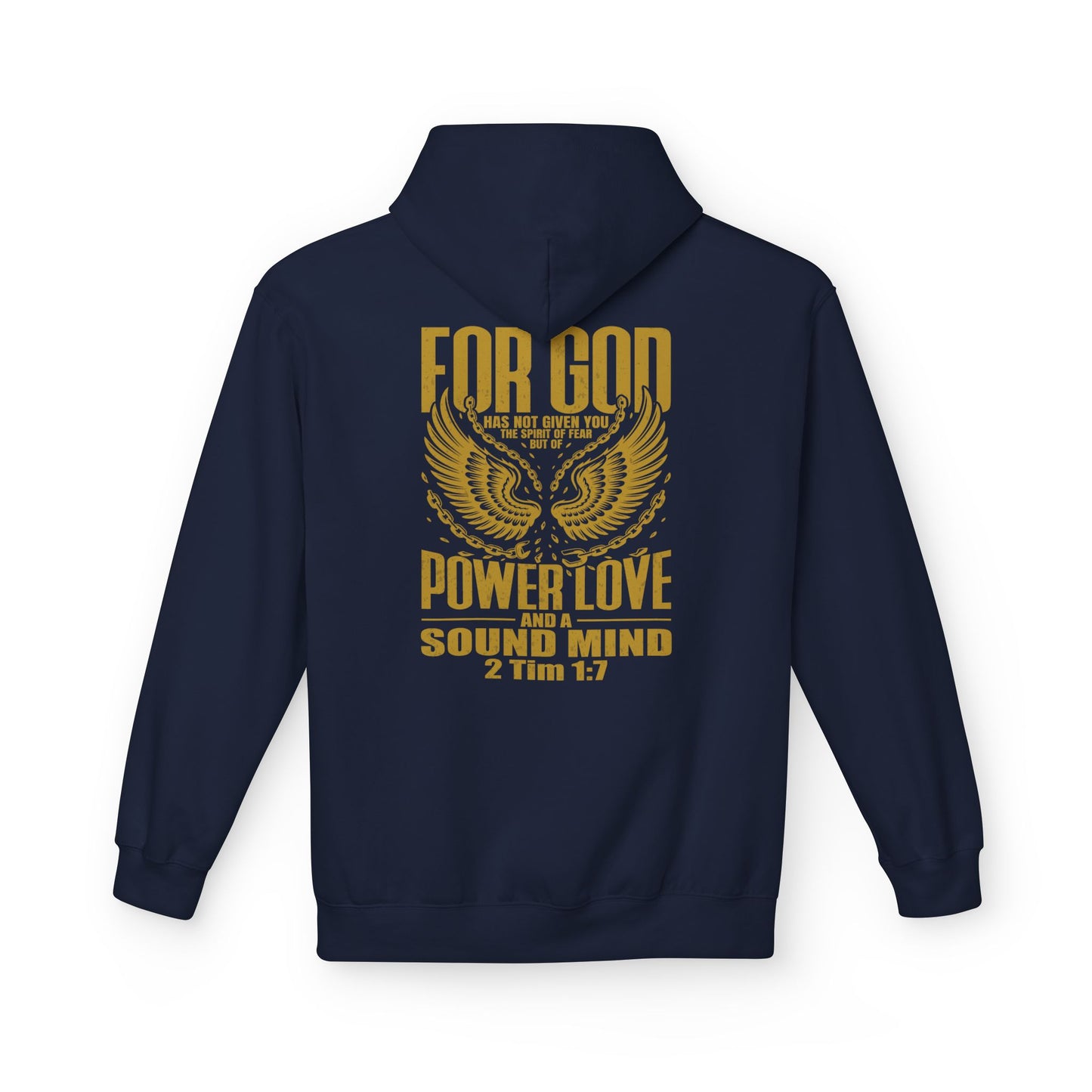 “Fearless & Free” Christian Hoodie – Gold Print | 2 Timothy 1:7 Scripture | Faith Over Fear