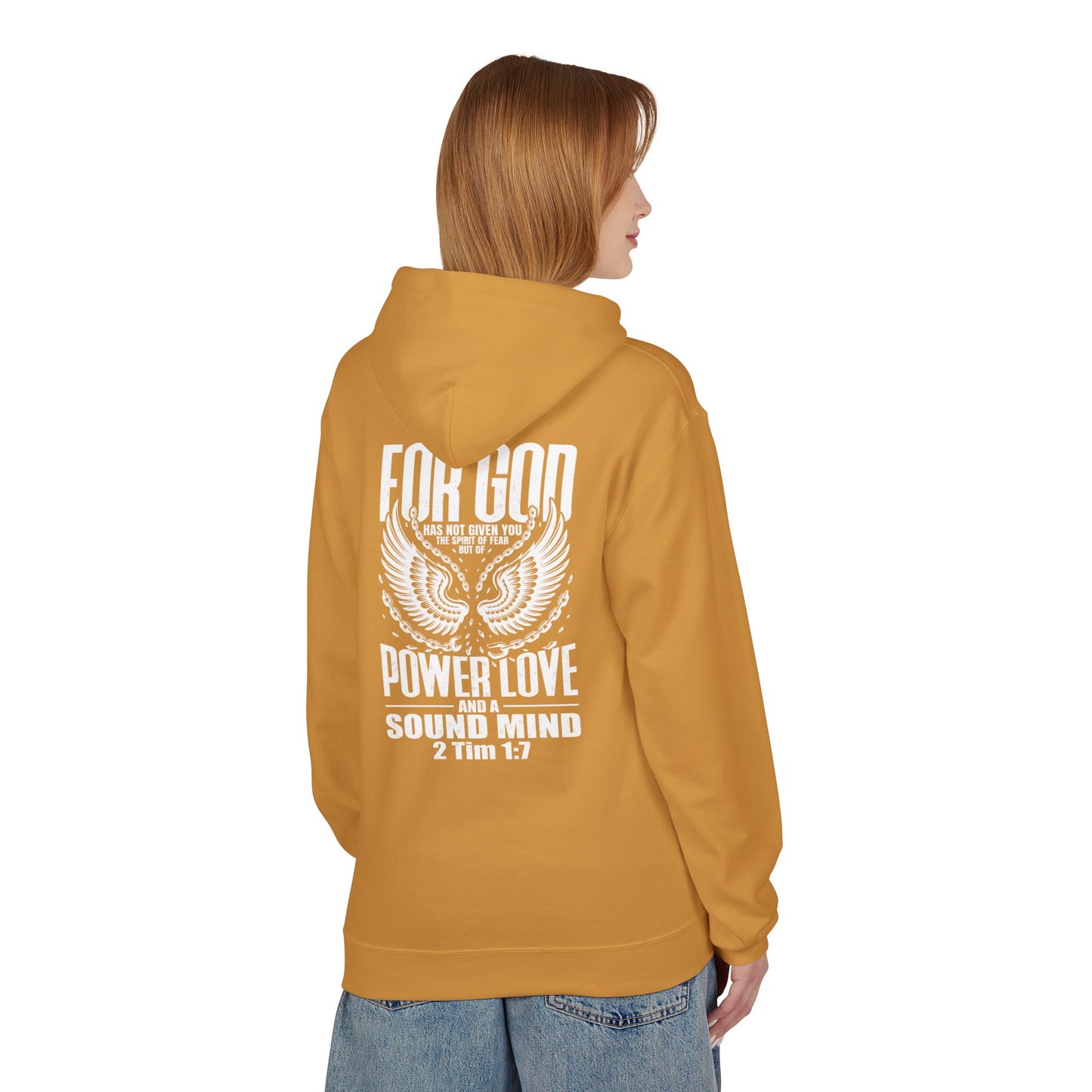 “Fearless & Free” Christian Hoodie – White Print | 2 Timothy 1:7 | Power • Love • Sound Mind