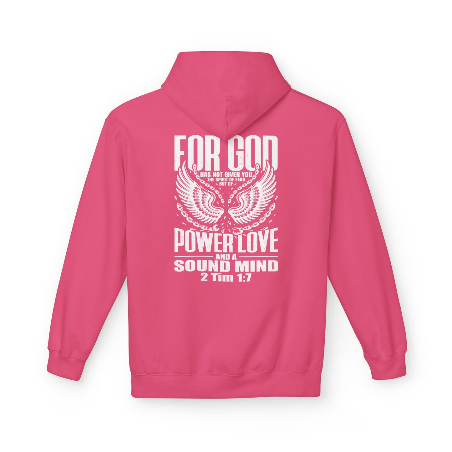 “Fearless & Free” Christian Hoodie – White Print | 2 Timothy 1:7 | Power • Love • Sound Mind