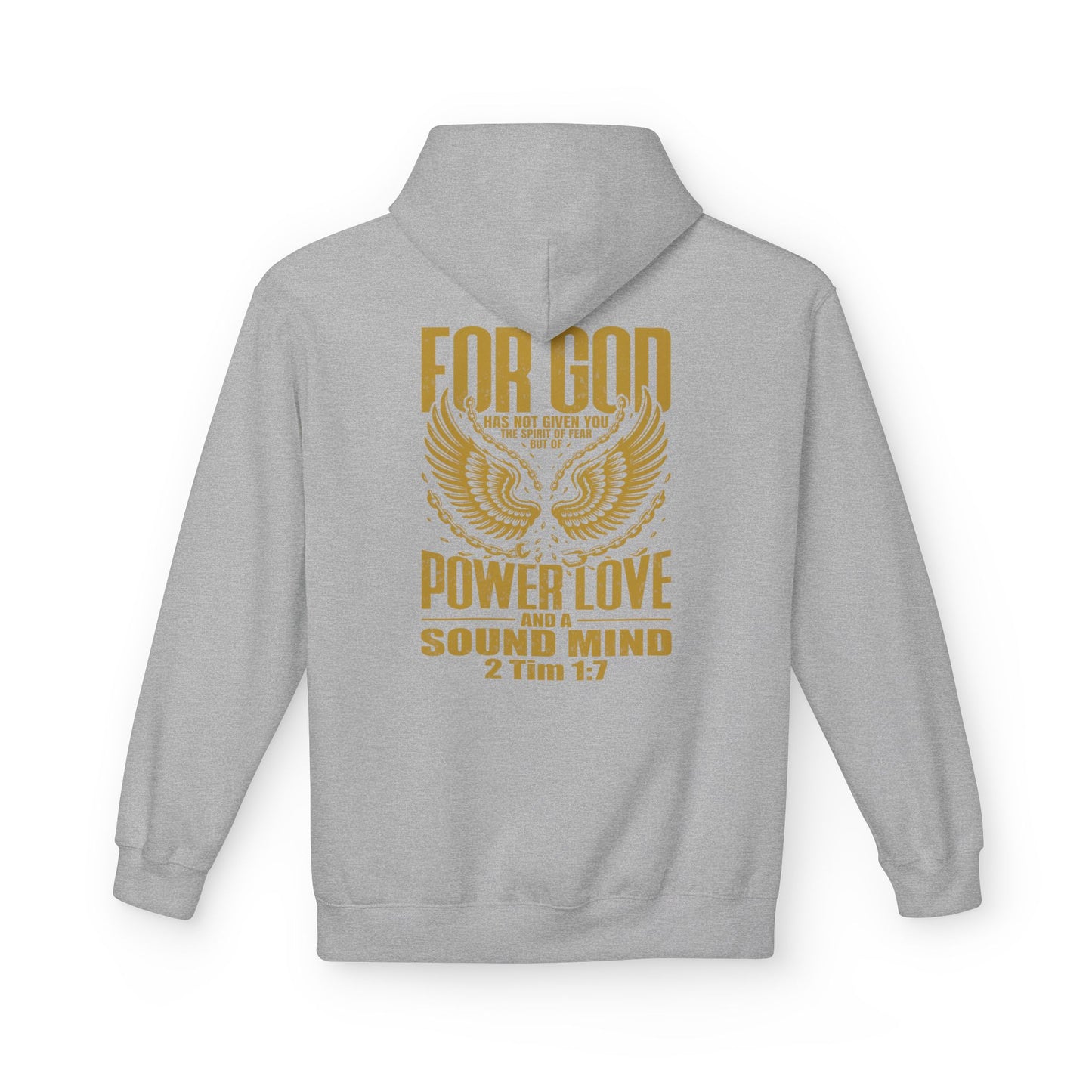 “Fearless & Free” Christian Hoodie – Gold Print | 2 Timothy 1:7 Scripture | Faith Over Fear