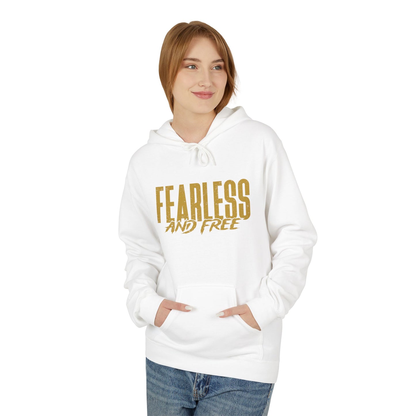 “Fearless & Free” Christian Hoodie – Gold Print | 2 Timothy 1:7 Scripture | Faith Over Fear