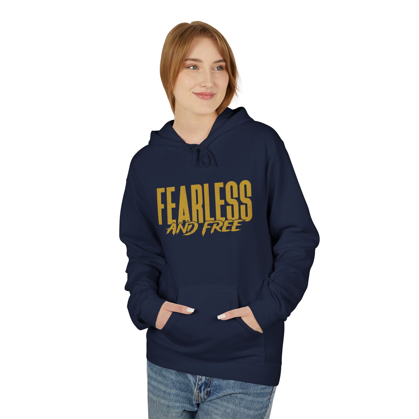 “Fearless & Free” Christian Hoodie – Gold Print | 2 Timothy 1:7 Scripture | Faith Over Fear