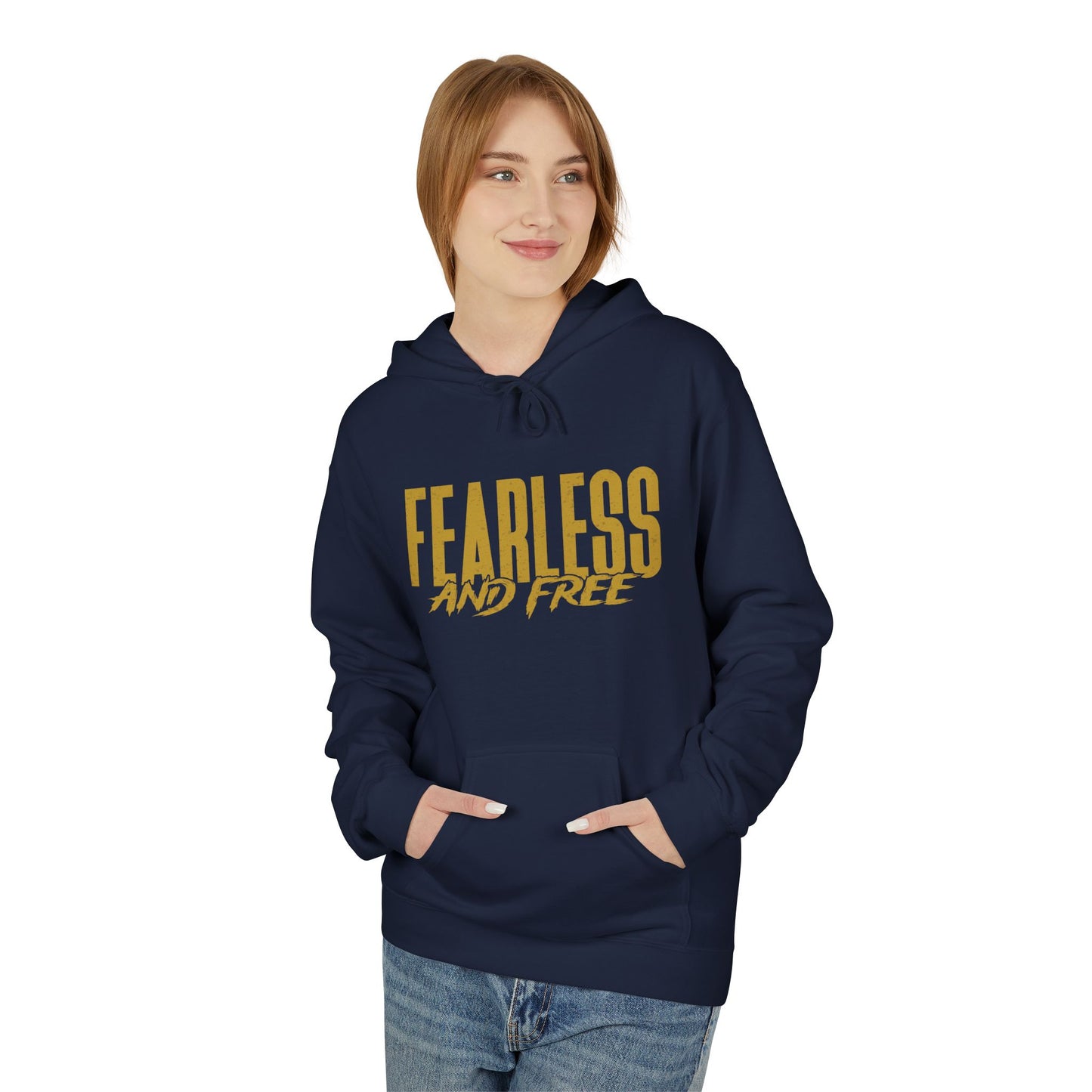 “Fearless & Free” Christian Hoodie – Gold Print | 2 Timothy 1:7 Scripture | Faith Over Fear