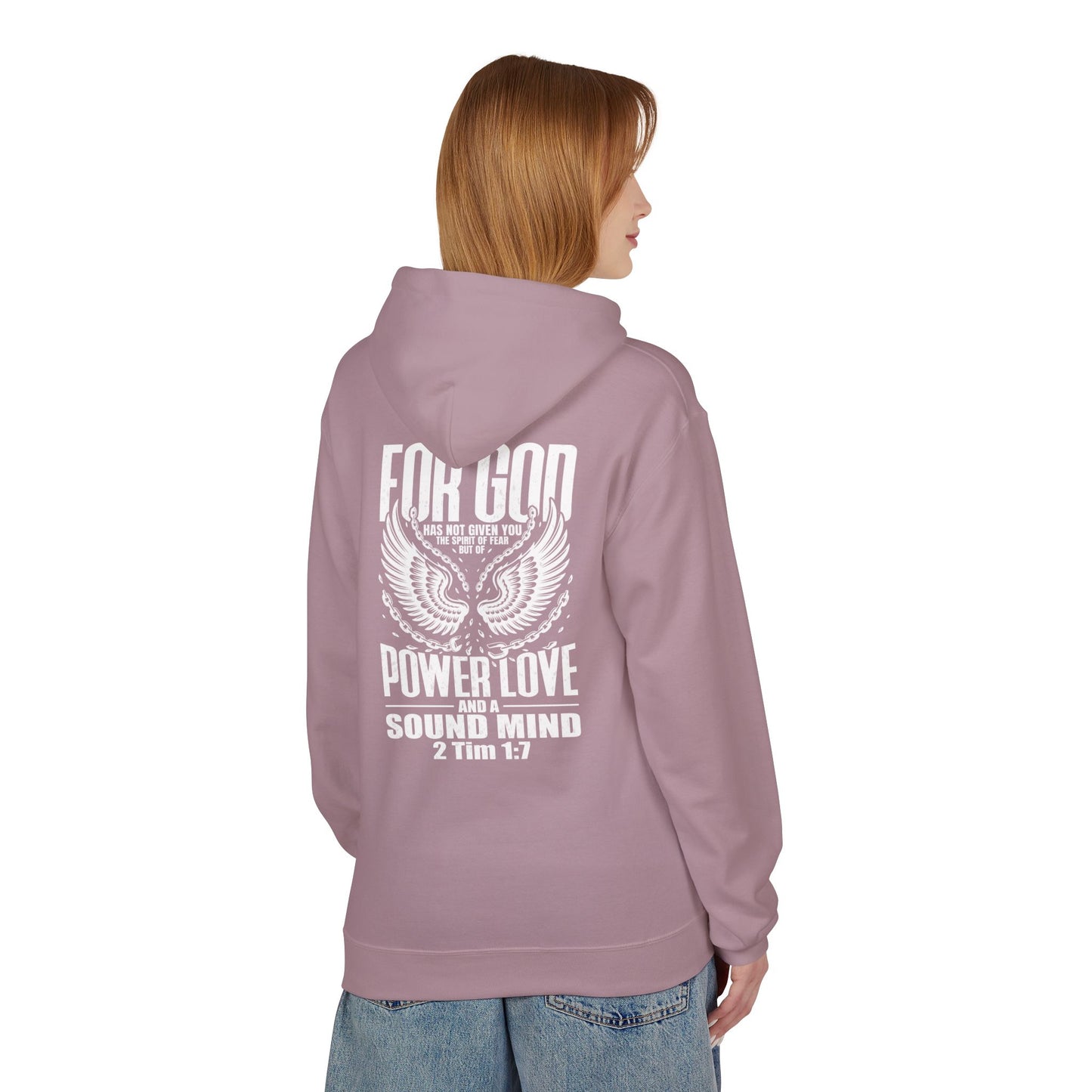 “Fearless & Free” Christian Hoodie – White Print | 2 Timothy 1:7 | Power • Love • Sound Mind