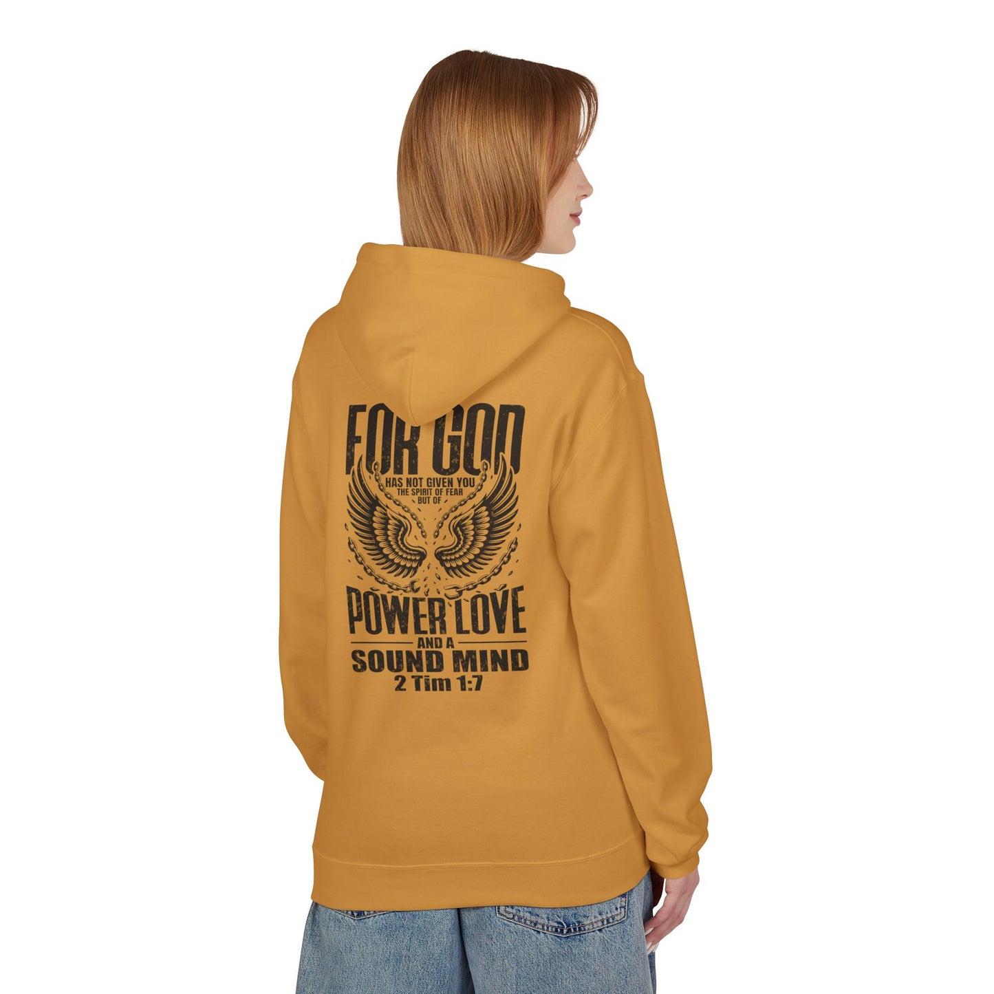 “Fearless & Free” Christian Hoodie – Black Print | 2 Timothy 1:7 | Bold Faithwear for Men & Women