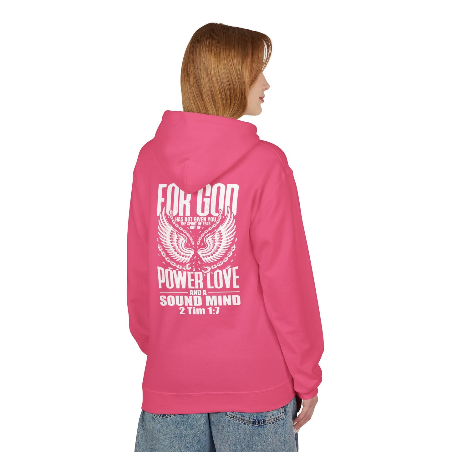 “Fearless & Free” Christian Hoodie – White Print | 2 Timothy 1:7 | Power • Love • Sound Mind