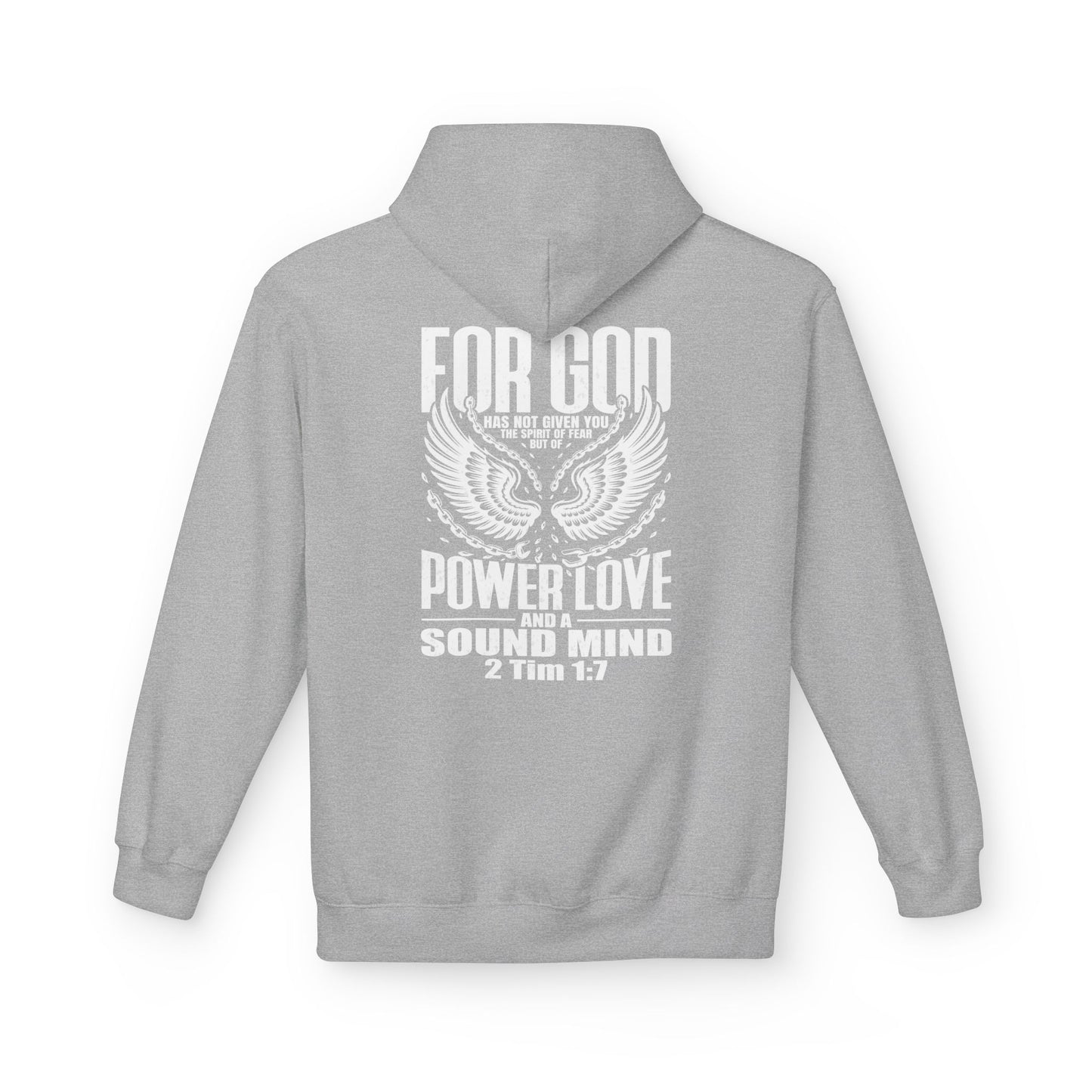 “Fearless & Free” Christian Hoodie – White Print | 2 Timothy 1:7 | Power • Love • Sound Mind