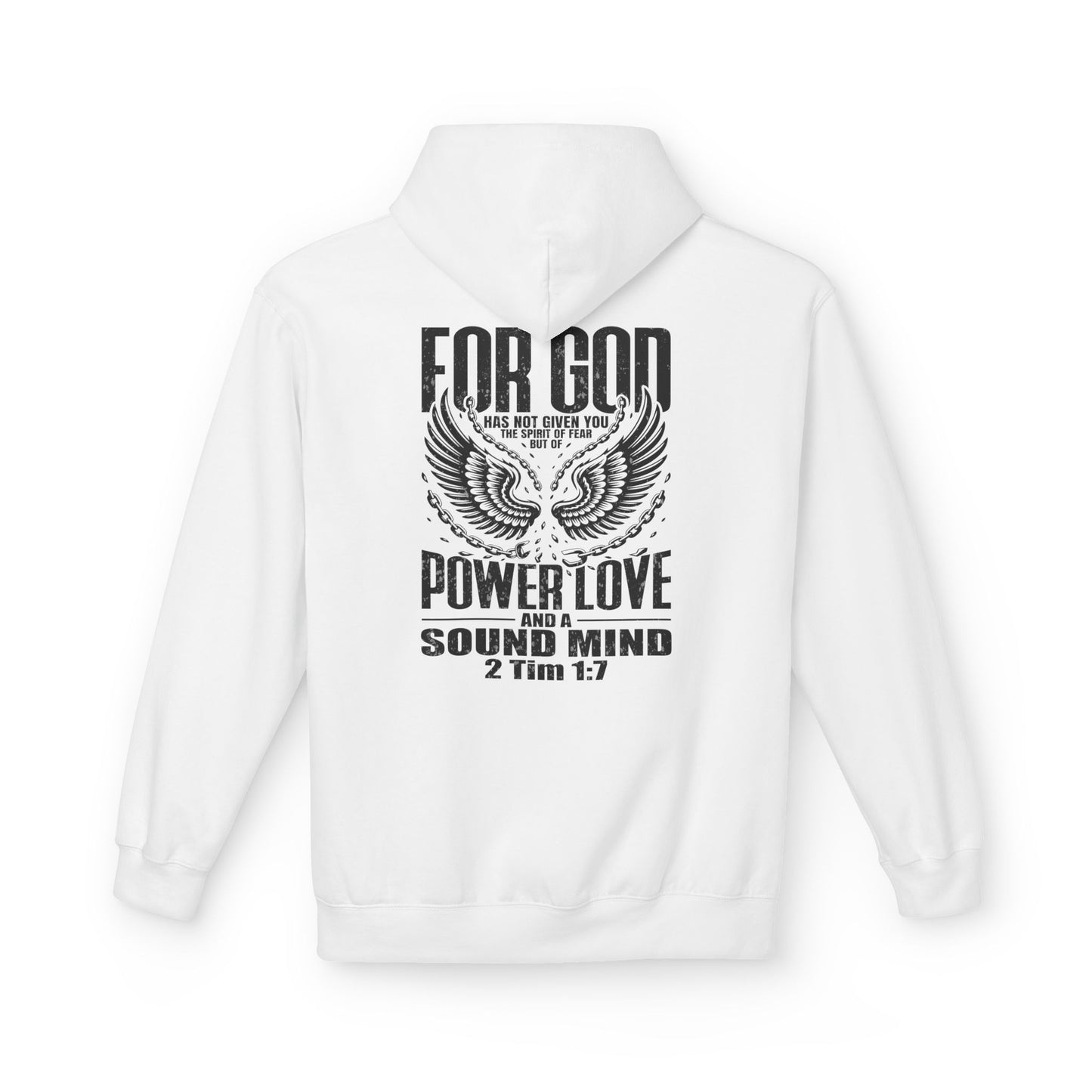 “Fearless & Free” Christian Hoodie – Black Print | 2 Timothy 1:7 | Bold Faithwear for Men & Women