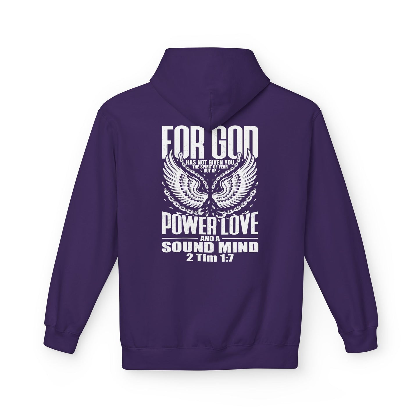 “Fearless & Free” Christian Hoodie – White Print | 2 Timothy 1:7 | Power • Love • Sound Mind