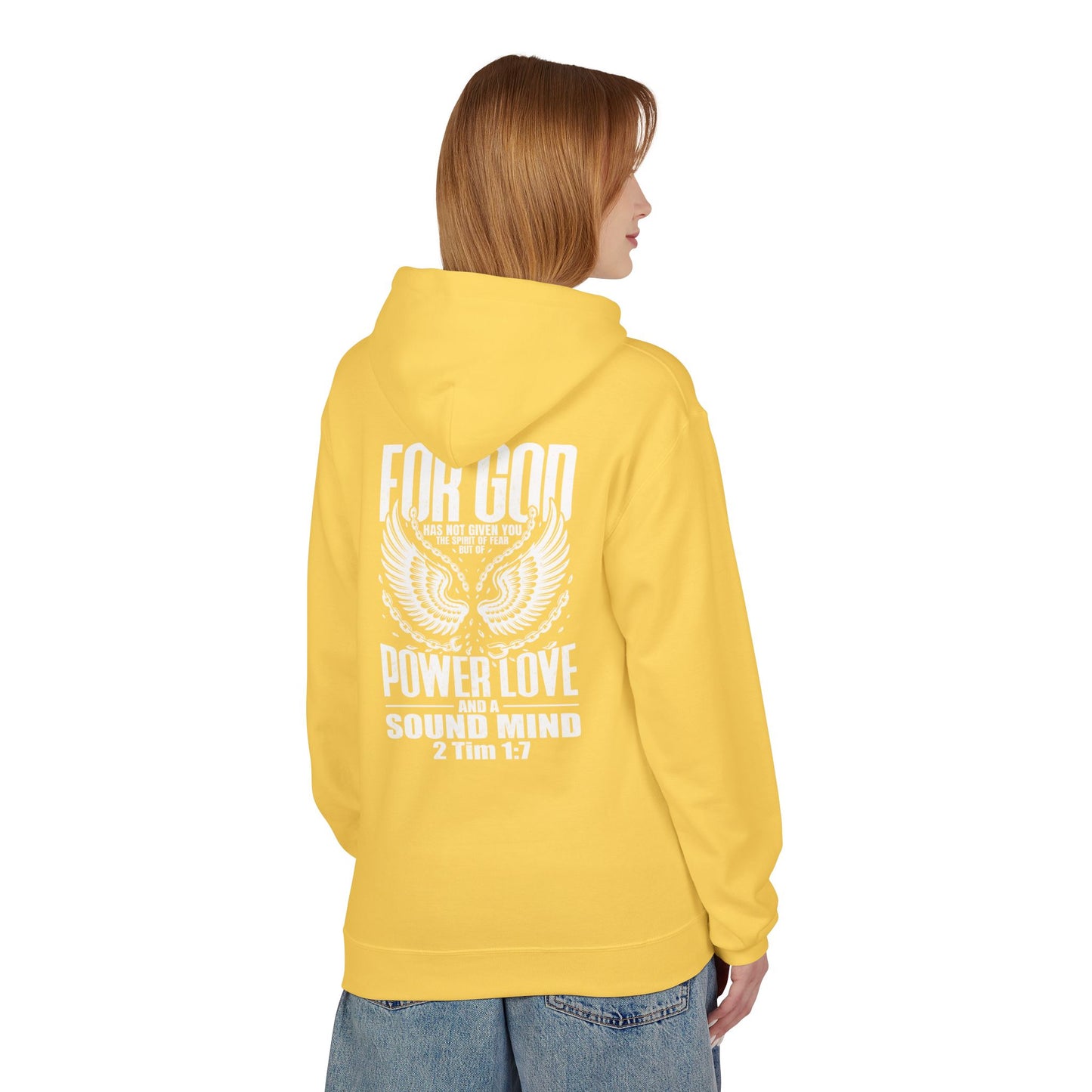 “Fearless & Free” Christian Hoodie – White Print | 2 Timothy 1:7 | Power • Love • Sound Mind