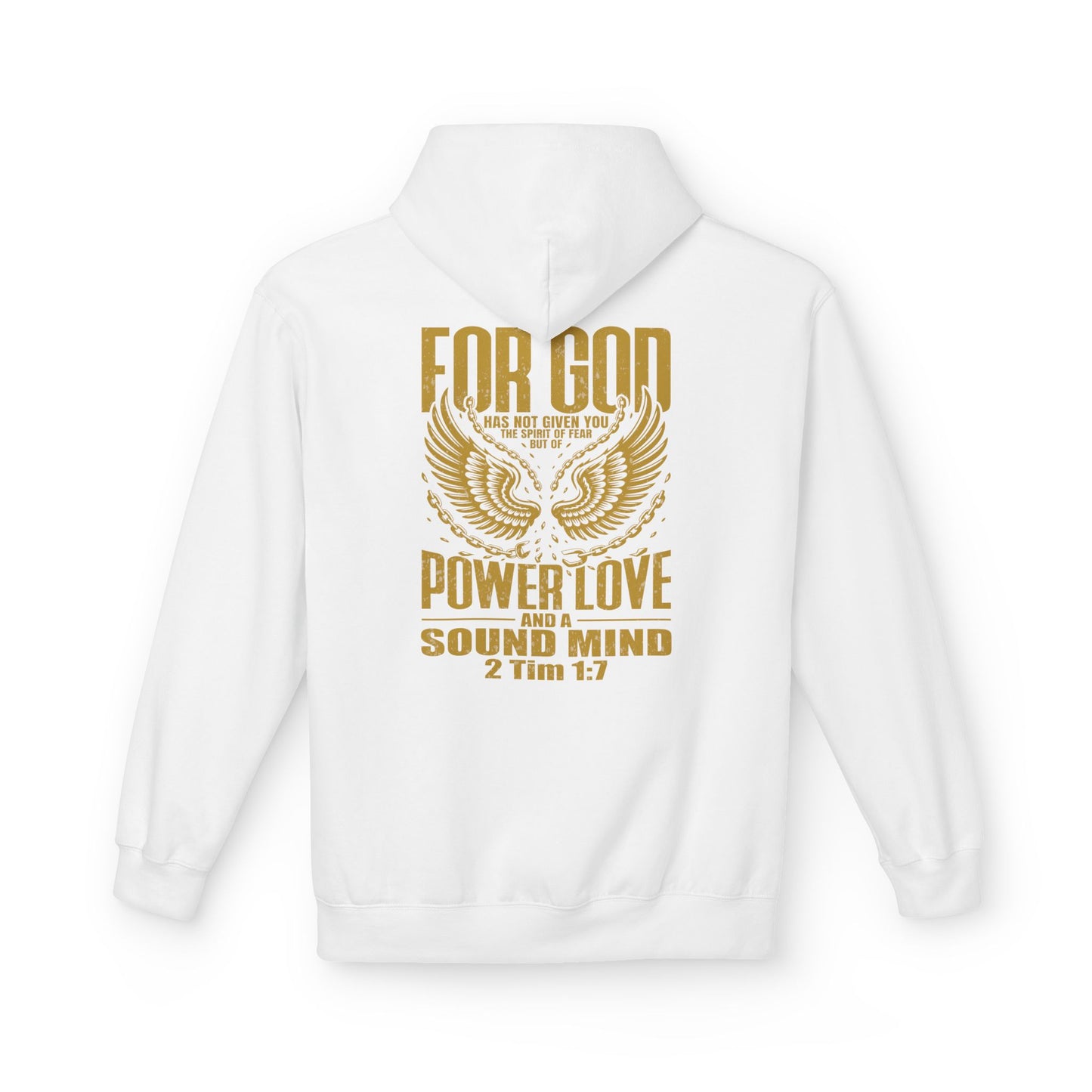 “Fearless & Free” Christian Hoodie – Gold Print | 2 Timothy 1:7 Scripture | Faith Over Fear