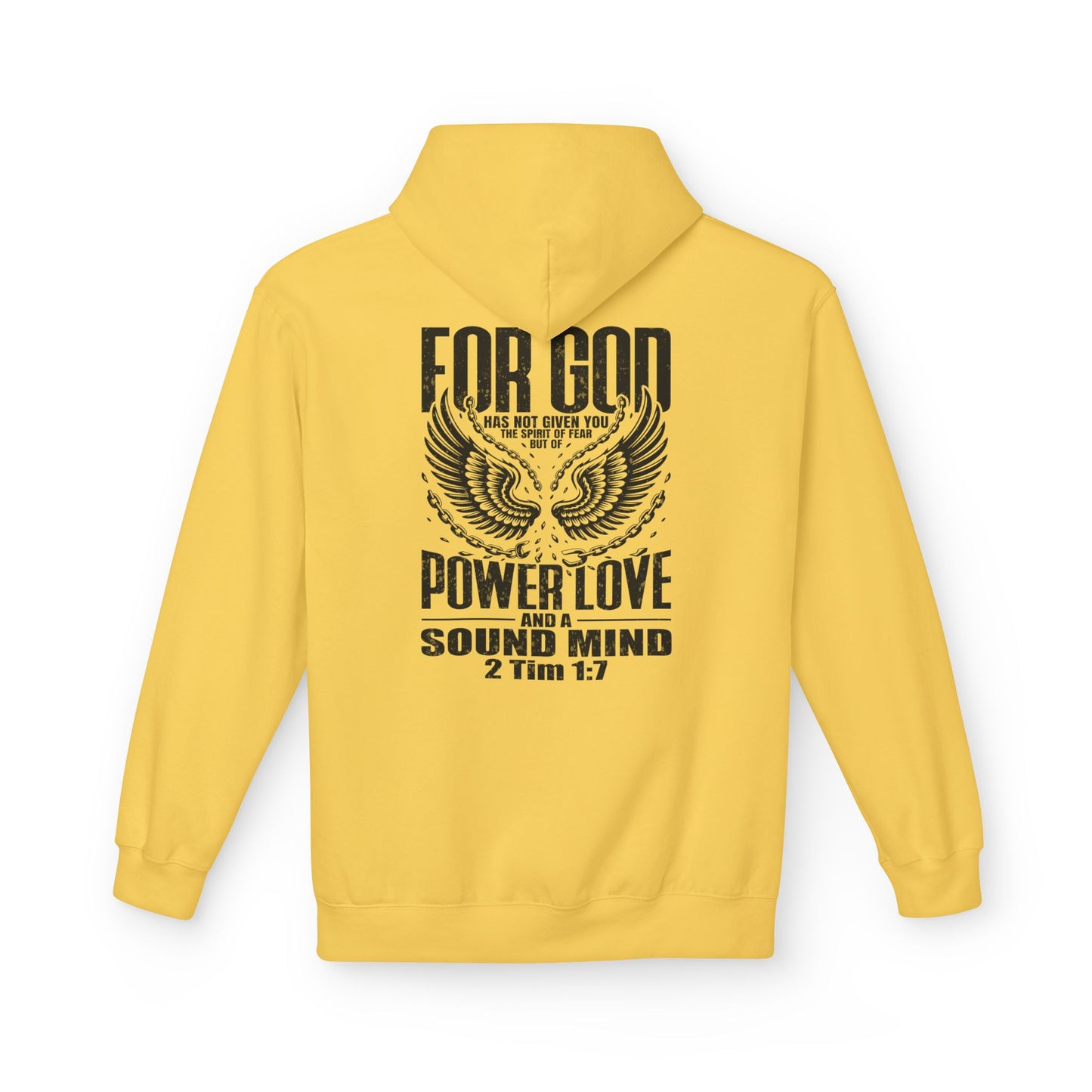 “Fearless & Free” Christian Hoodie – Black Print | 2 Timothy 1:7 | Bold Faithwear for Men & Women