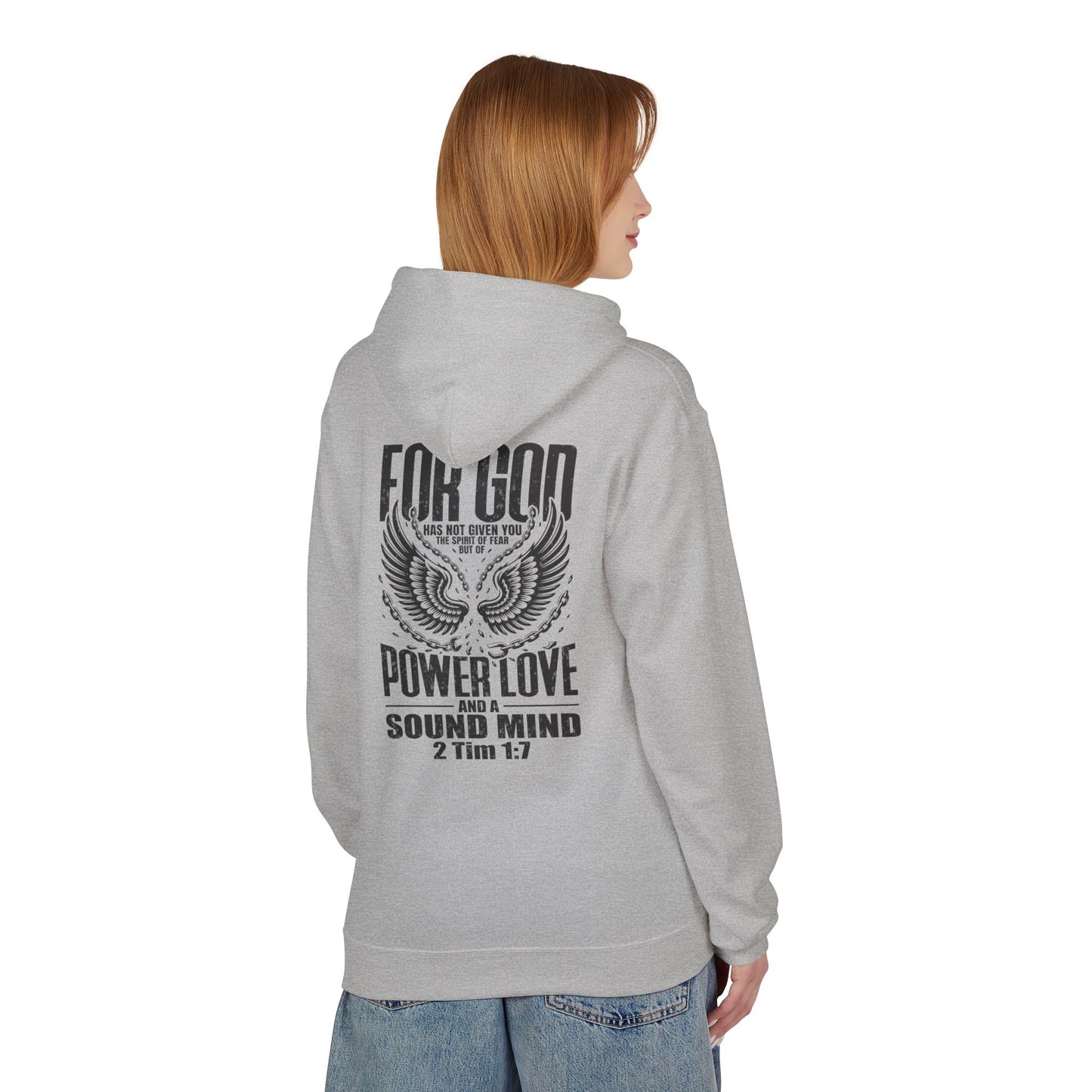 “Fearless & Free” Christian Hoodie – Black Print | 2 Timothy 1:7 | Bold Faithwear for Men & Women