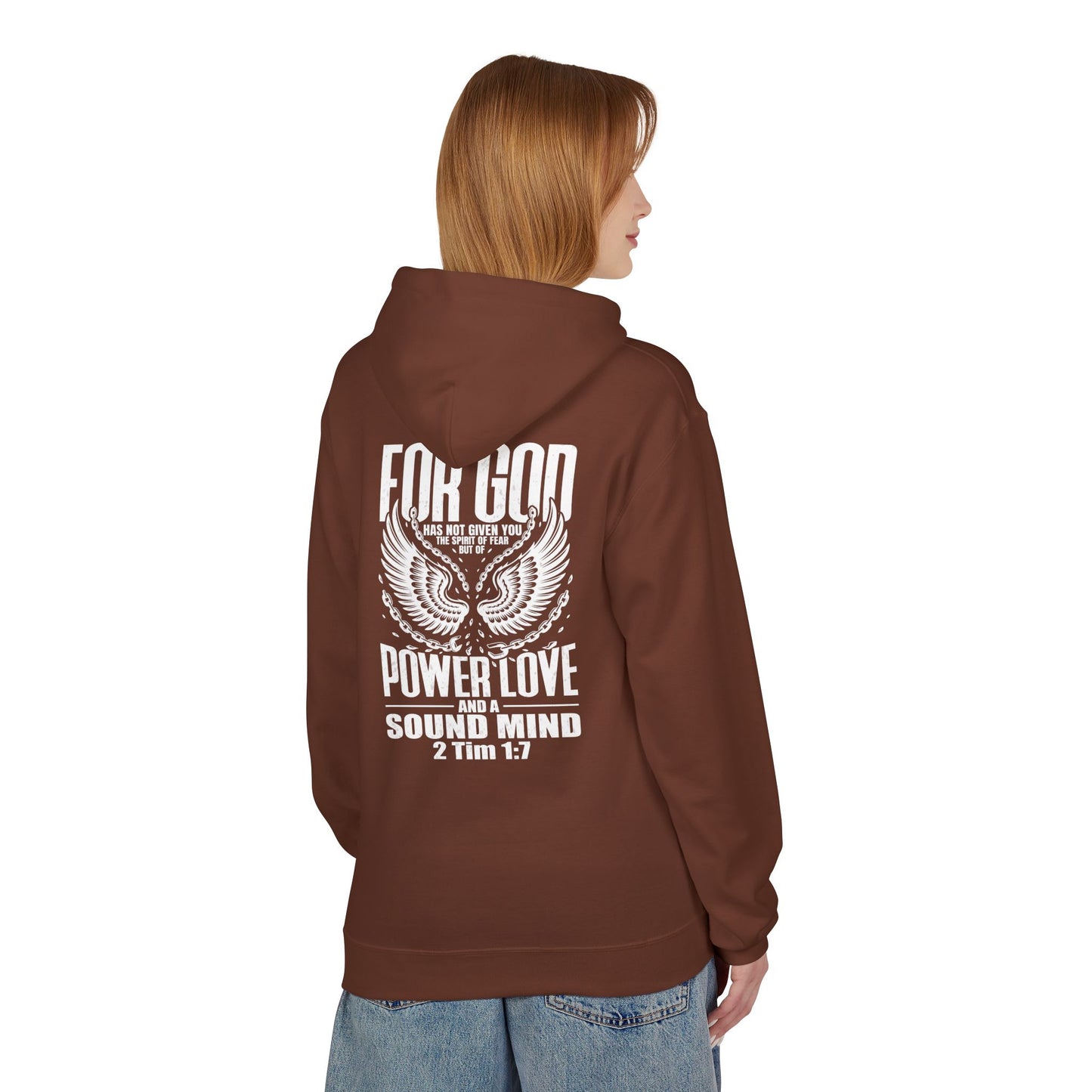 “Fearless & Free” Christian Hoodie – White Print | 2 Timothy 1:7 | Power • Love • Sound Mind