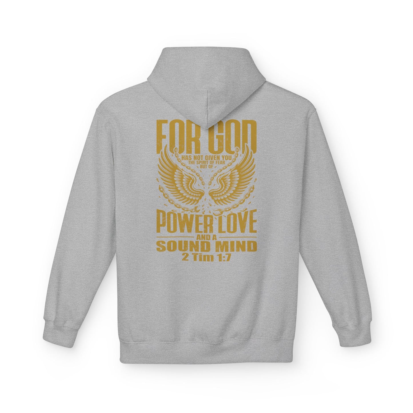 “Fearless & Free” Christian Hoodie – Gold Print | 2 Timothy 1:7 Scripture | Faith Over Fear