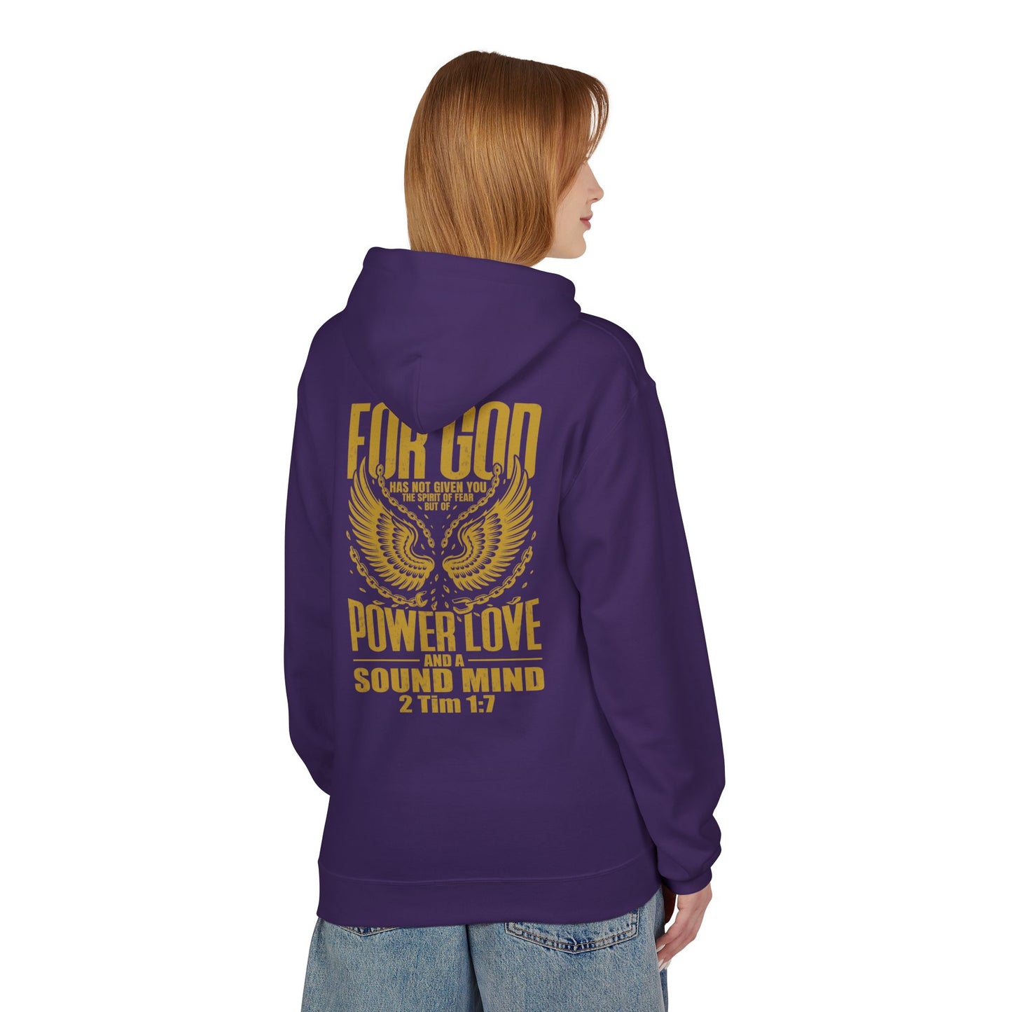 “Fearless & Free” Christian Hoodie – Gold Print | 2 Timothy 1:7 Scripture | Faith Over Fear