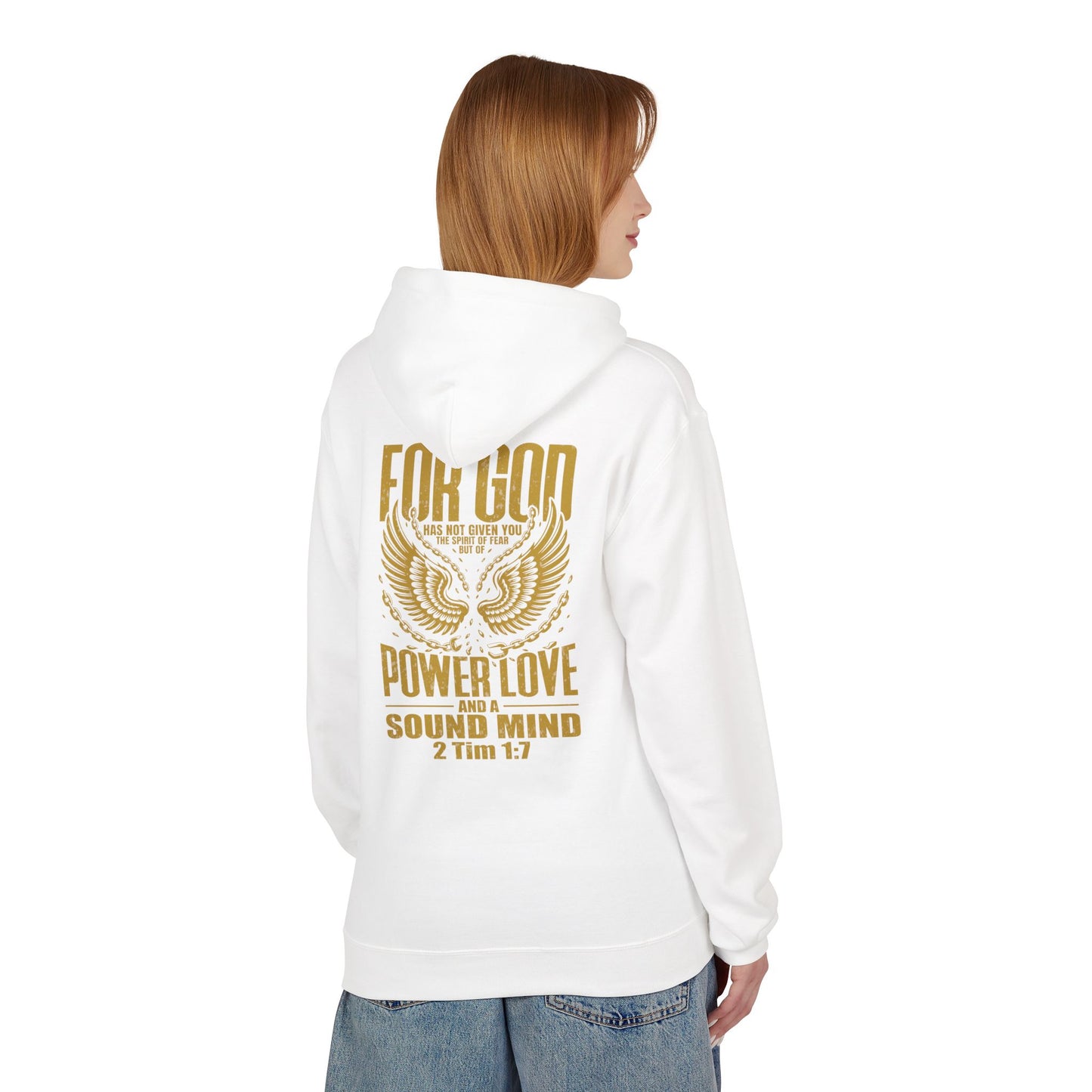 “Fearless & Free” Christian Hoodie – Gold Print | 2 Timothy 1:7 Scripture | Faith Over Fear